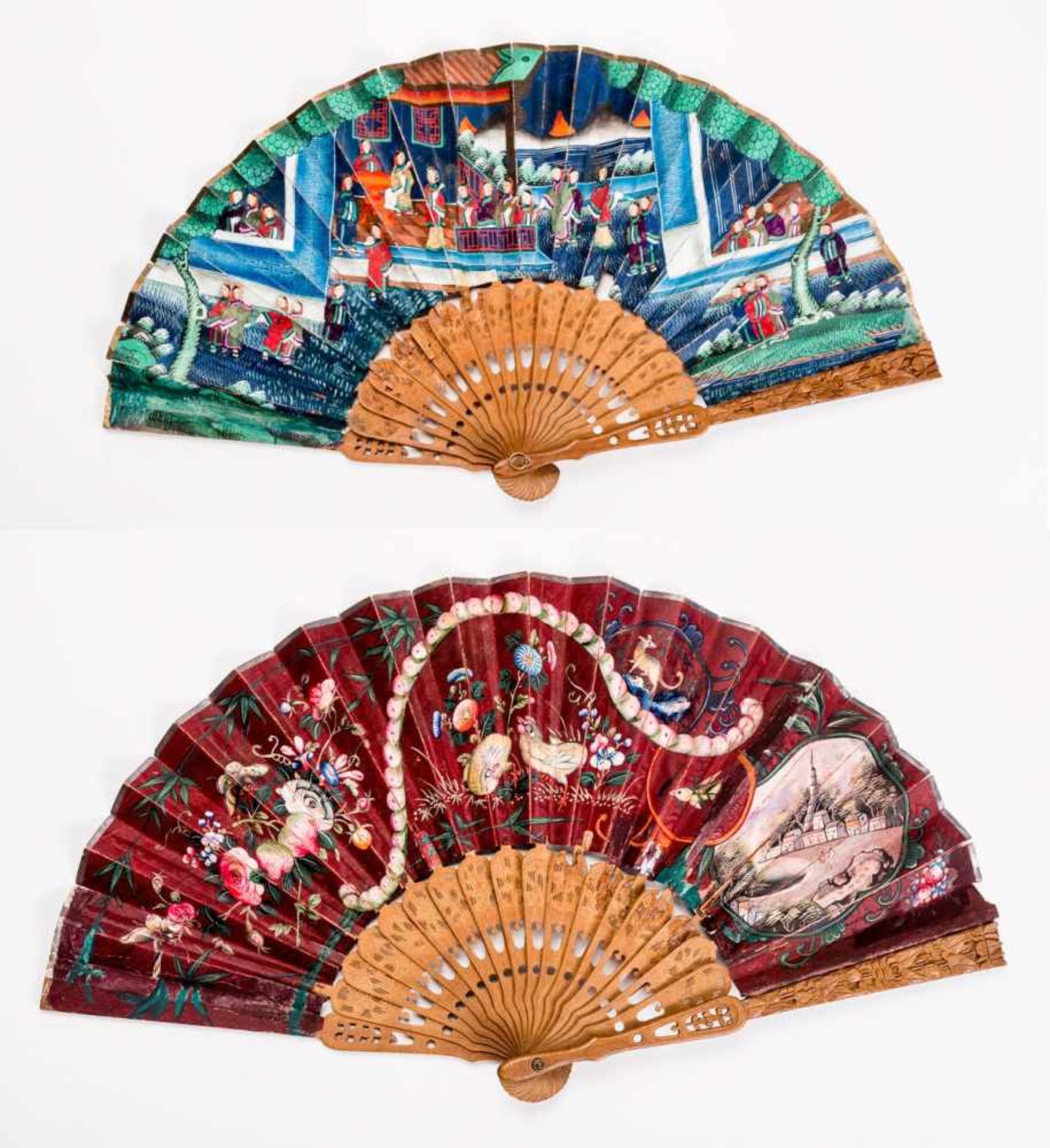 FOLDING FAN WITH FIGURATIVE SCENE, ANIMALS etc. Gouache, silk, ivory, wood. China, late Qing Dynasty