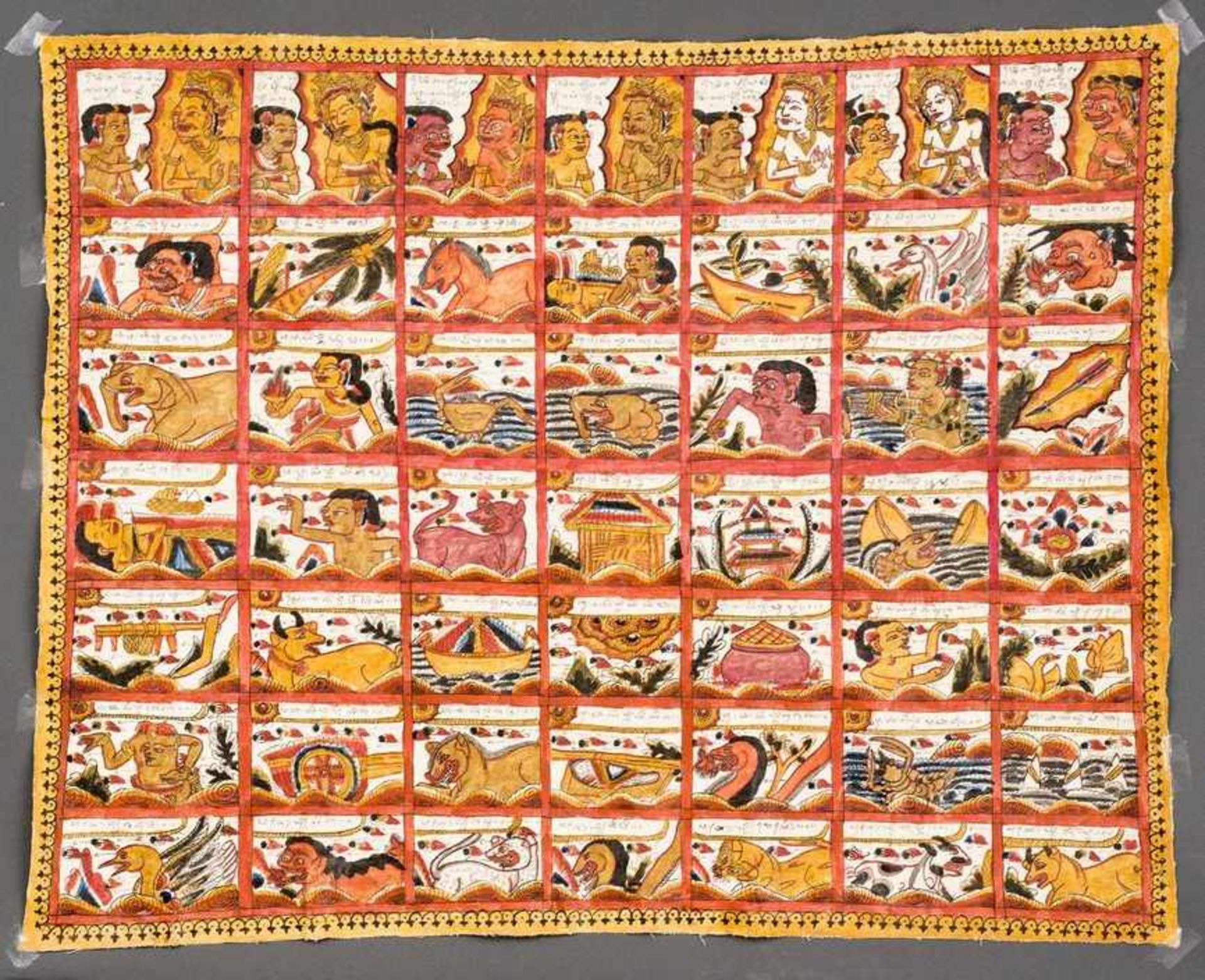 MULTI-FIGURED ASTROLOGICAL KEY Painting on fabric. Indonesia, Bali, 20th cent. A painting divided
