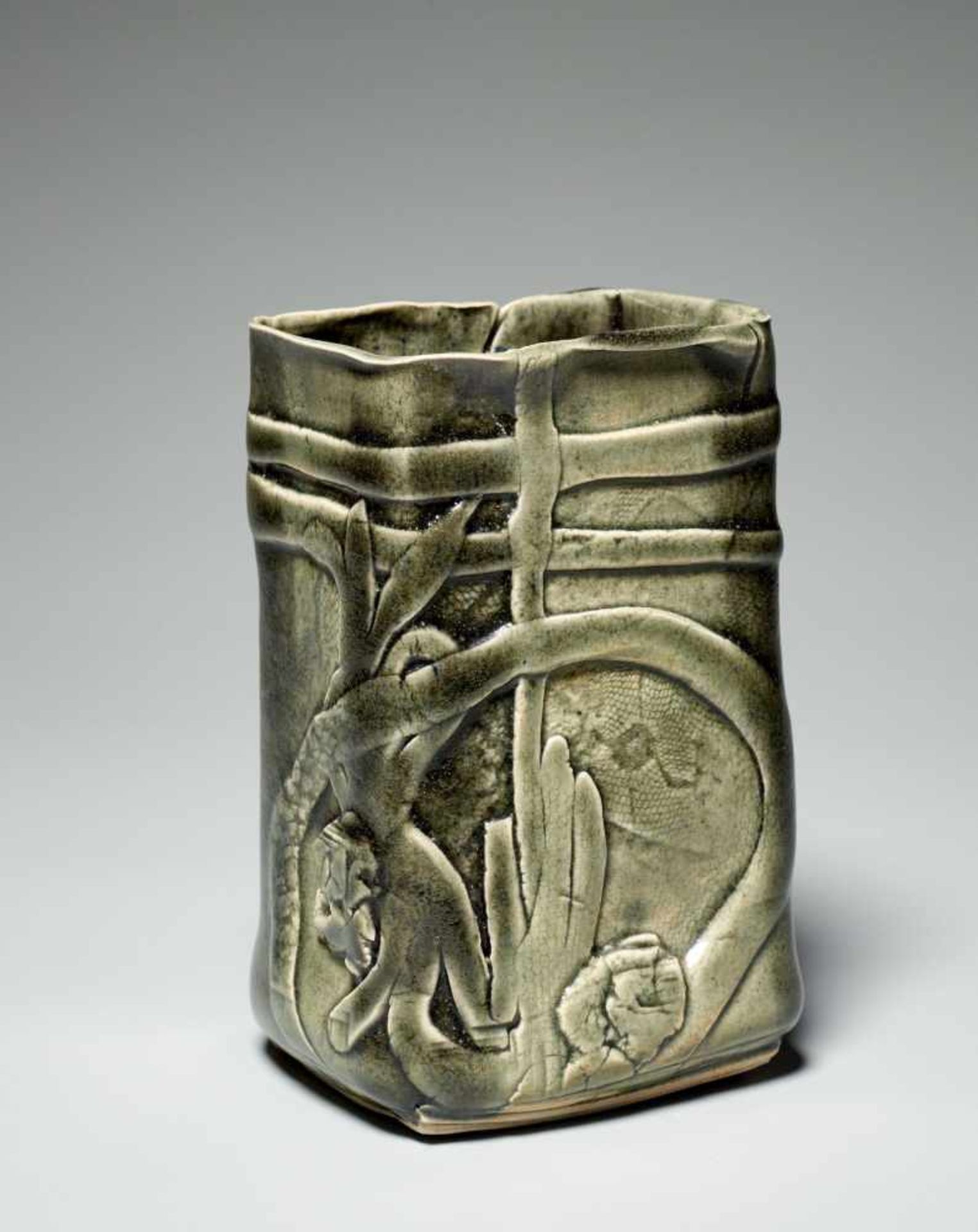 VASE Glazed ceramic. Japan, Meiji / Taisho Tall, quadratic vase for ikebana. Irregular form, the