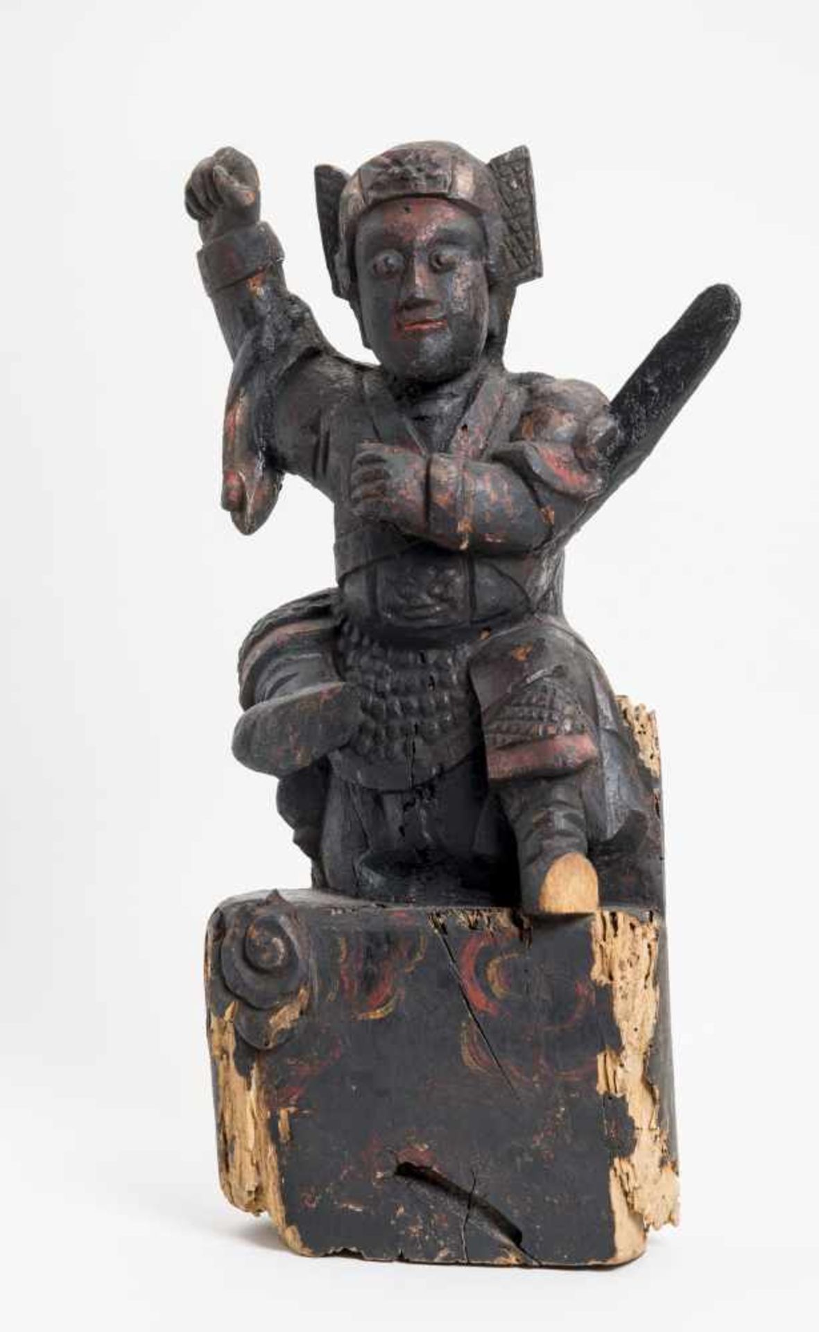 GUARDIAN DEITY WITH SWORD Wood with remnants of old colour. China, 18th - 19th cent. CHINA, 18th -