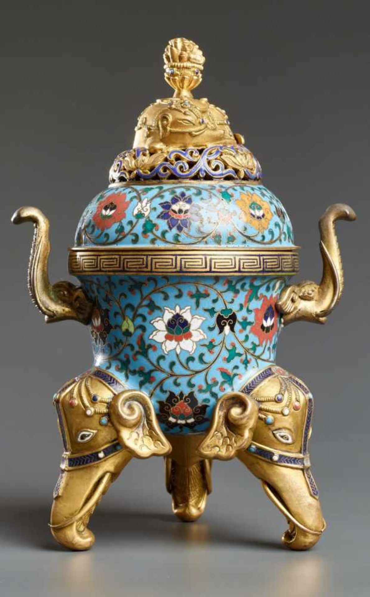 THREE-LEGGED INCENSE VESSEL WITH ELEPHANTS Enamel cloisonné with gilding. China, Qing Dynasty,