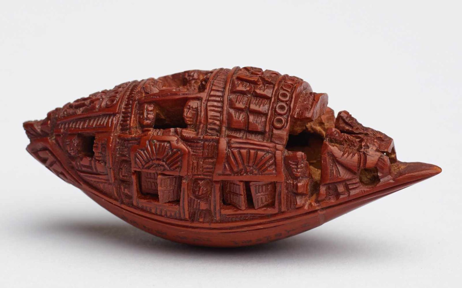 ZHAN GUSHENG: MINIATURE WORK OF COVERED BOAT WITH PASSENGERS AND LONG POEM Pit. China, Guangdong,