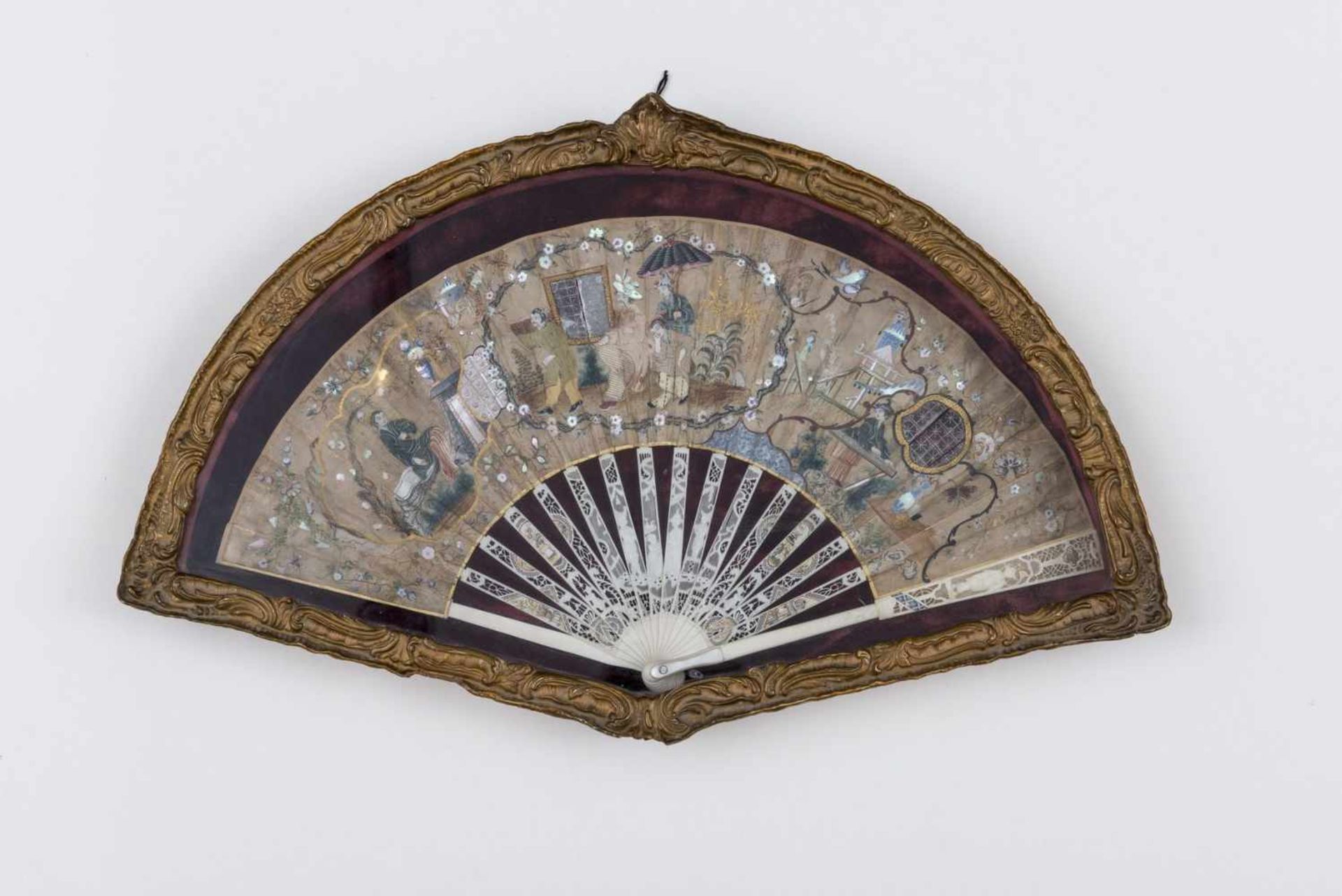 FOLDING FAN WITH COLORFUL GARDEN PARTY Painting, tortoise shell, silk, bone and ivory. China,