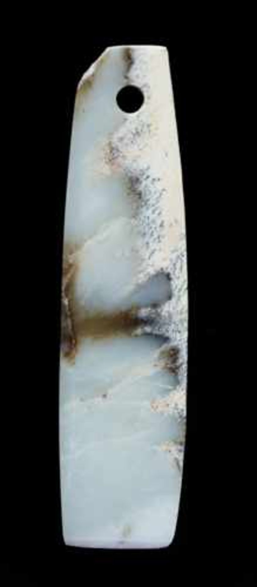 A STRIKING MARBLE-LIKE BEN BLADE IN WHITE JADE Jade, China. Early Bronze Age, Qijia Culture, c.