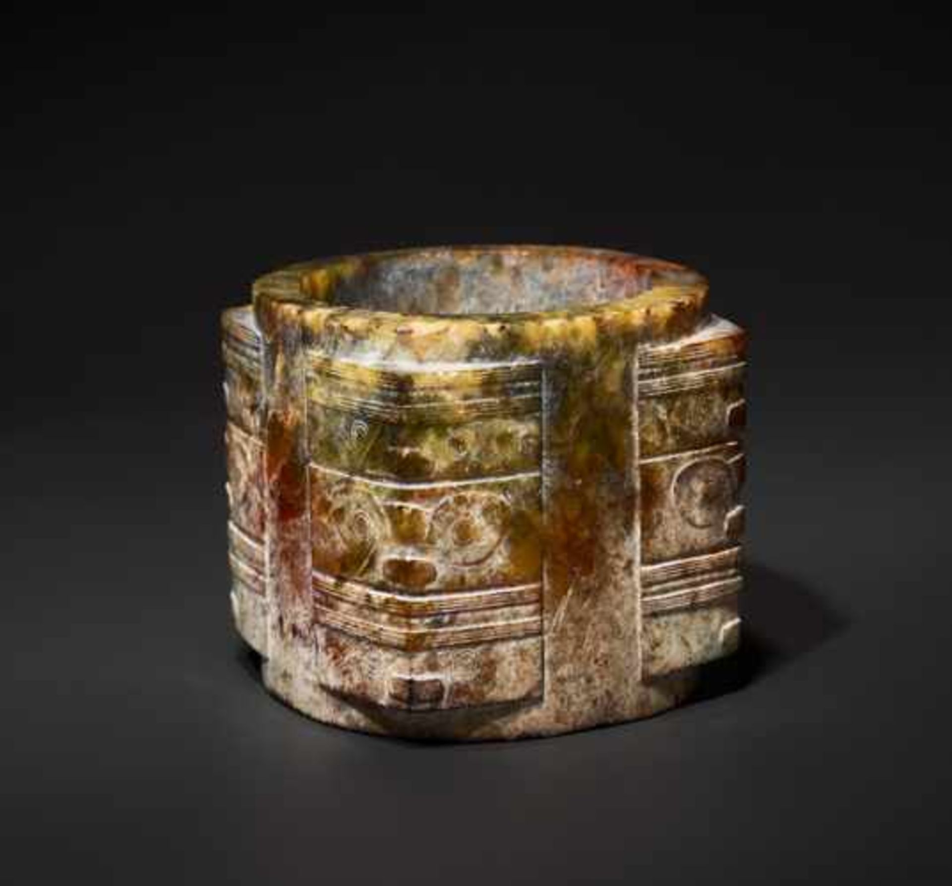 A CLASSIC LIANGZHU CONG WITH CLEARLY DEFINED MASK MOTIFS Jade, China. Late Neolithic period,