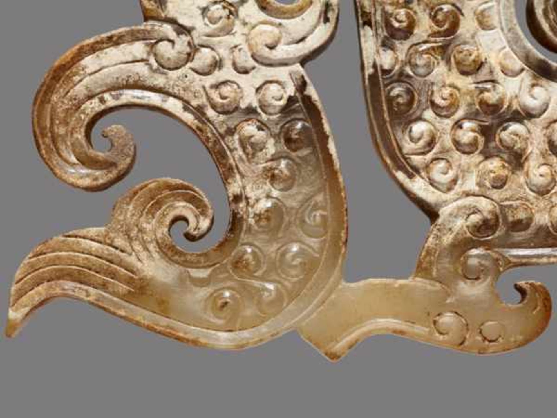 A SINUOUS S-SHAPED DRAGON WITH A PHOENIX AND CURLED APPENDAGES Jade, China. Eastern Zhou, 5th - - Image 4 of 6