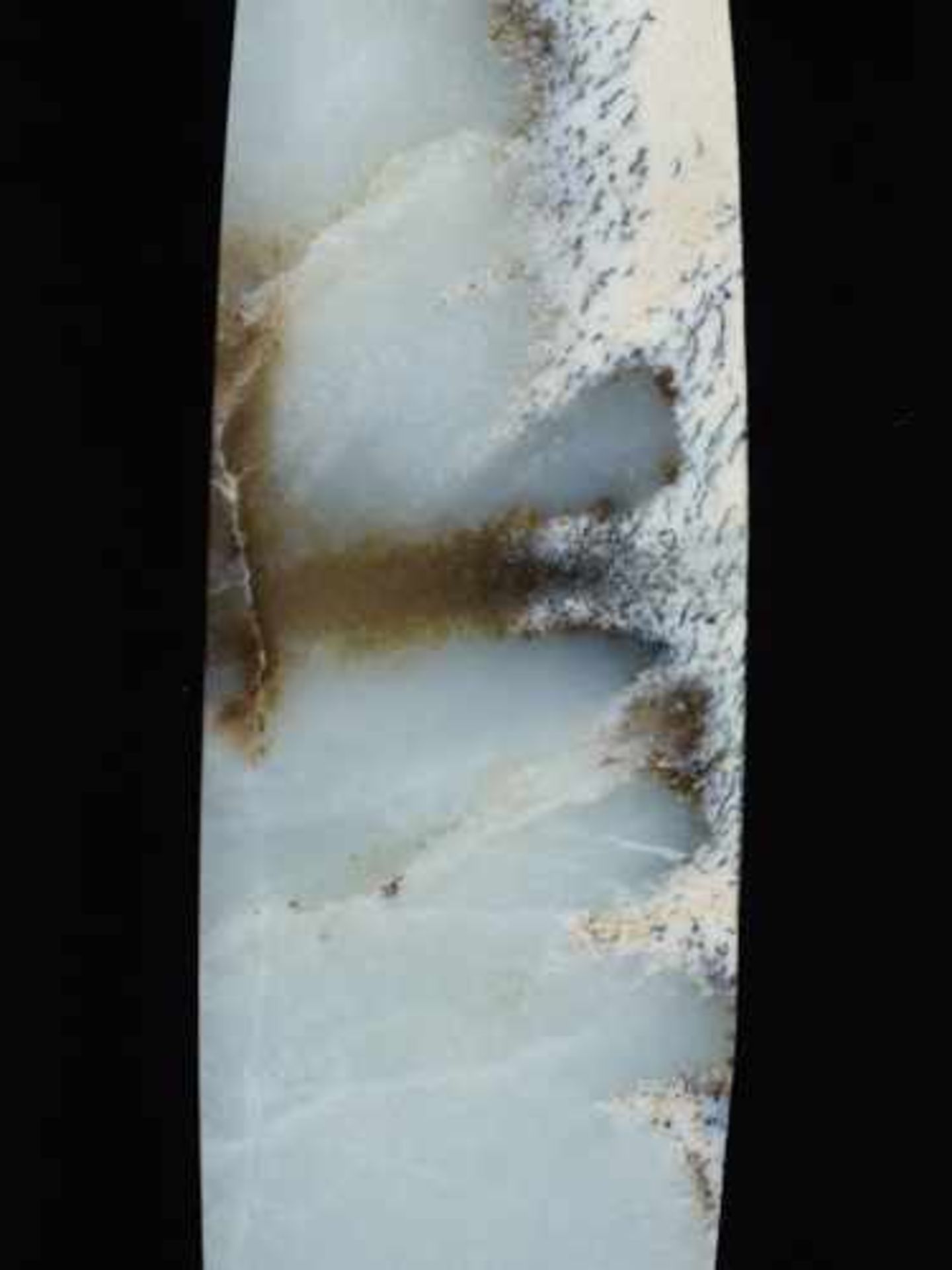 A STRIKING MARBLE-LIKE BEN BLADE IN WHITE JADE Jade, China. Early Bronze Age, Qijia Culture, c. - Image 3 of 7