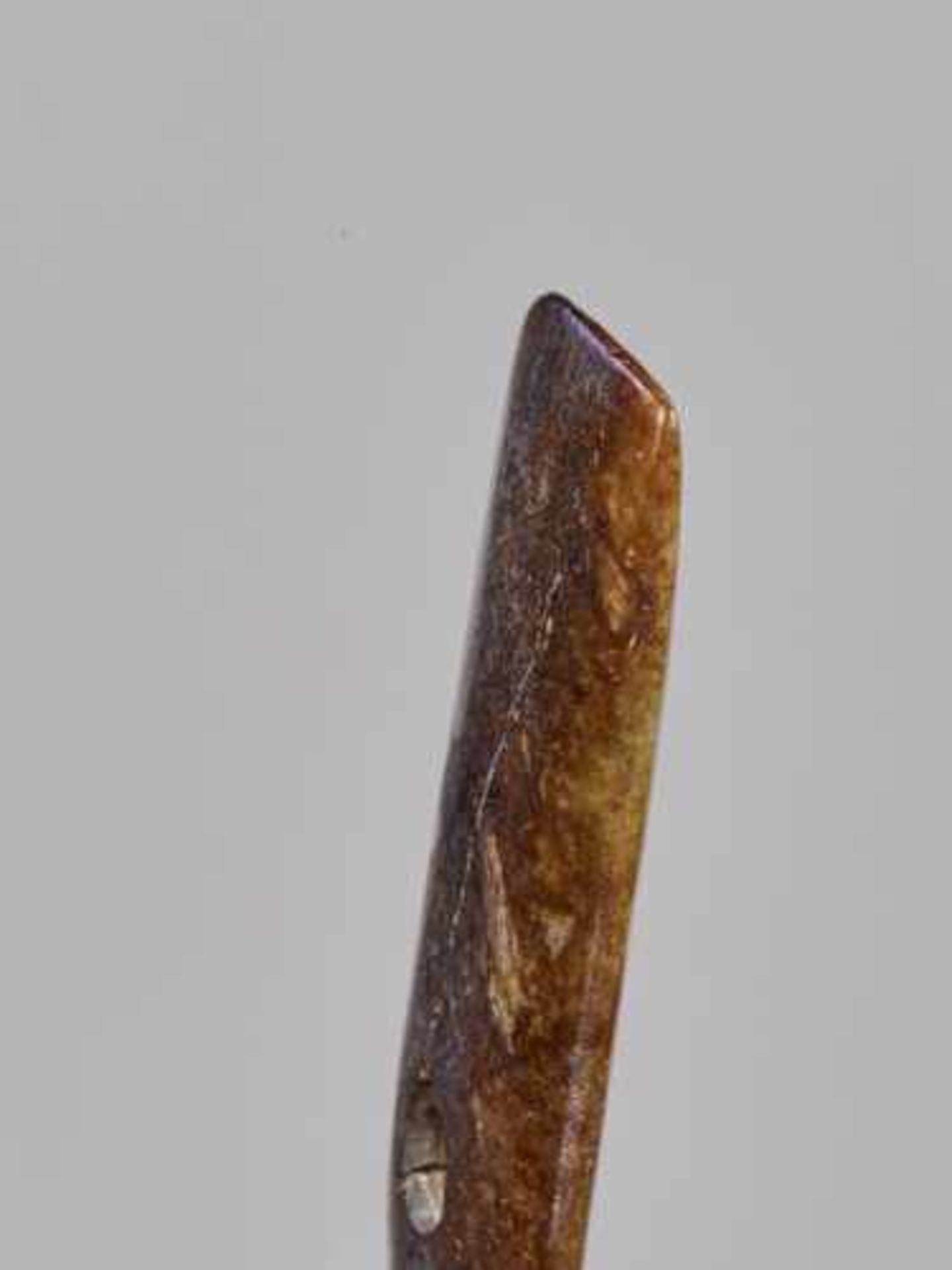 A LATE NEOLITHIC BLADE-SHAPED ORNAMENT WITH SMOOTH POLISH and A SMALL AXE IN BLACK STONE Jade, - Image 4 of 7