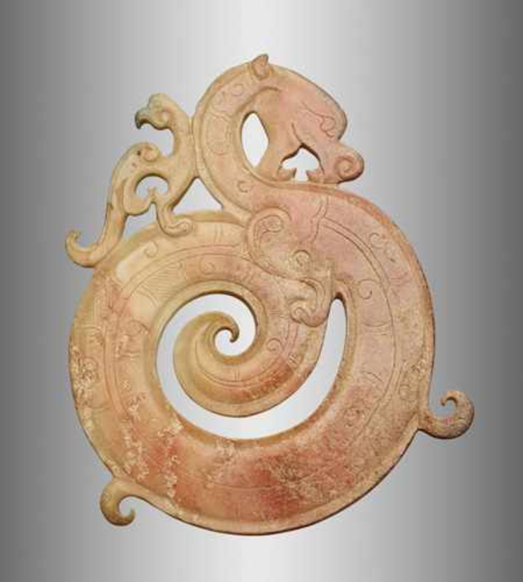 LOVELY CURLED DRAGON WITH A PHOENIX Jade, China. Eastern Jin Dynasty. AD 317-420 龍鳳紋玉環 - 東晉, 317年－