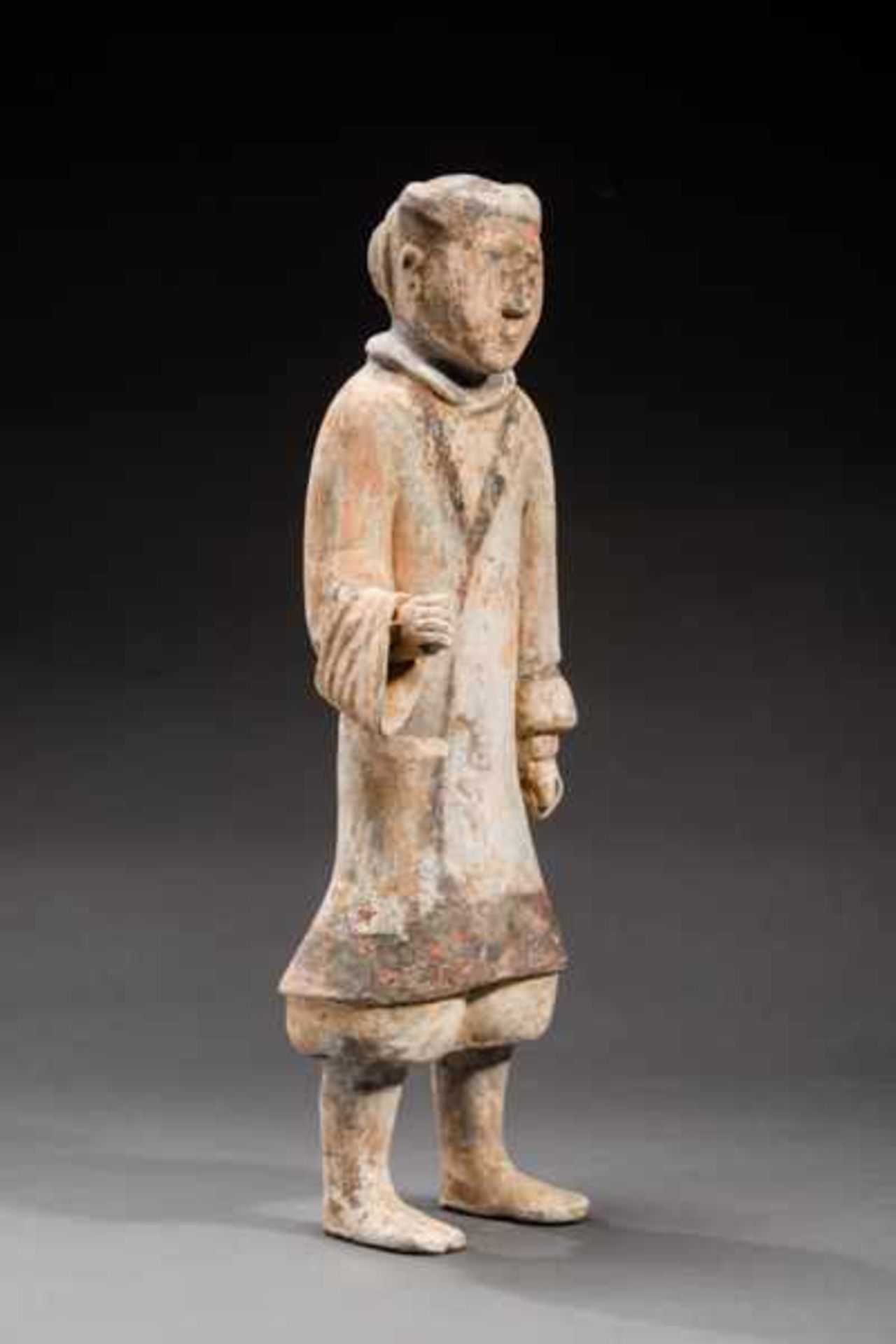 COURTLY FIGURINE Terracotta with remnants of original painting. China, Han dynasty, 2nd cent. BCE陶仆A - Image 6 of 7