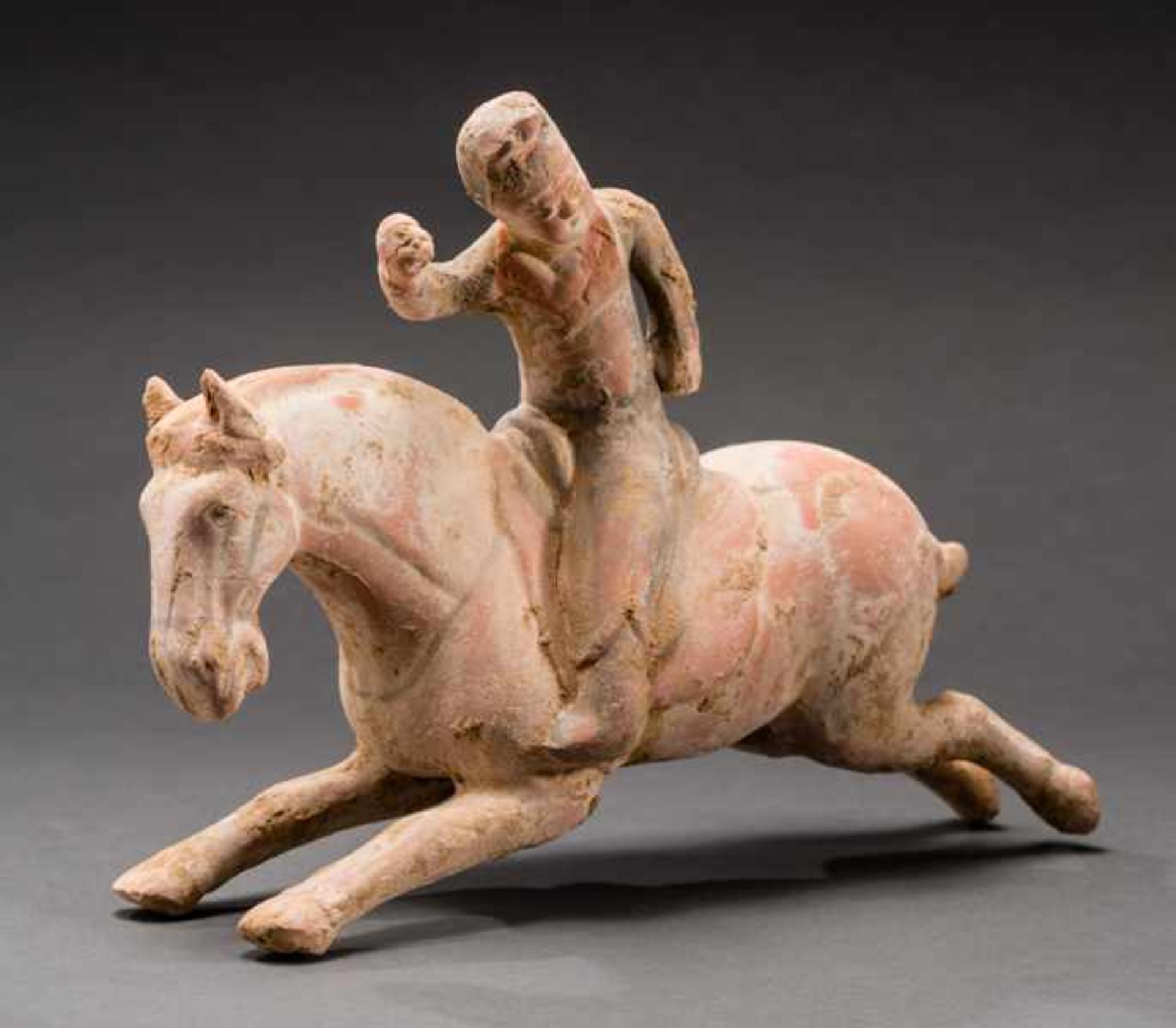 RUNNING HORSE WITH FEMALE POLO PLAYER Terracotta with remnants of original painting. China, Tang