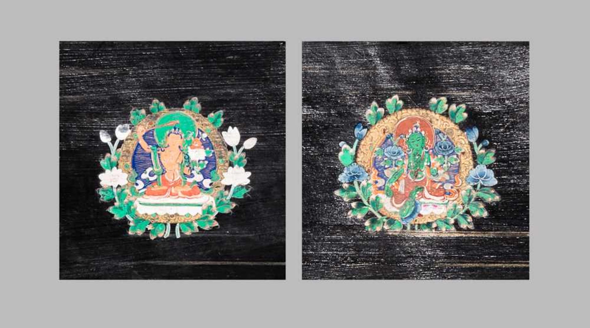 TWO TSAKALI Painting on black lacquer background. Tibet, 19th - early 20th cent.兩張薩卡裏ATHE GODDESS - Image 2 of 2