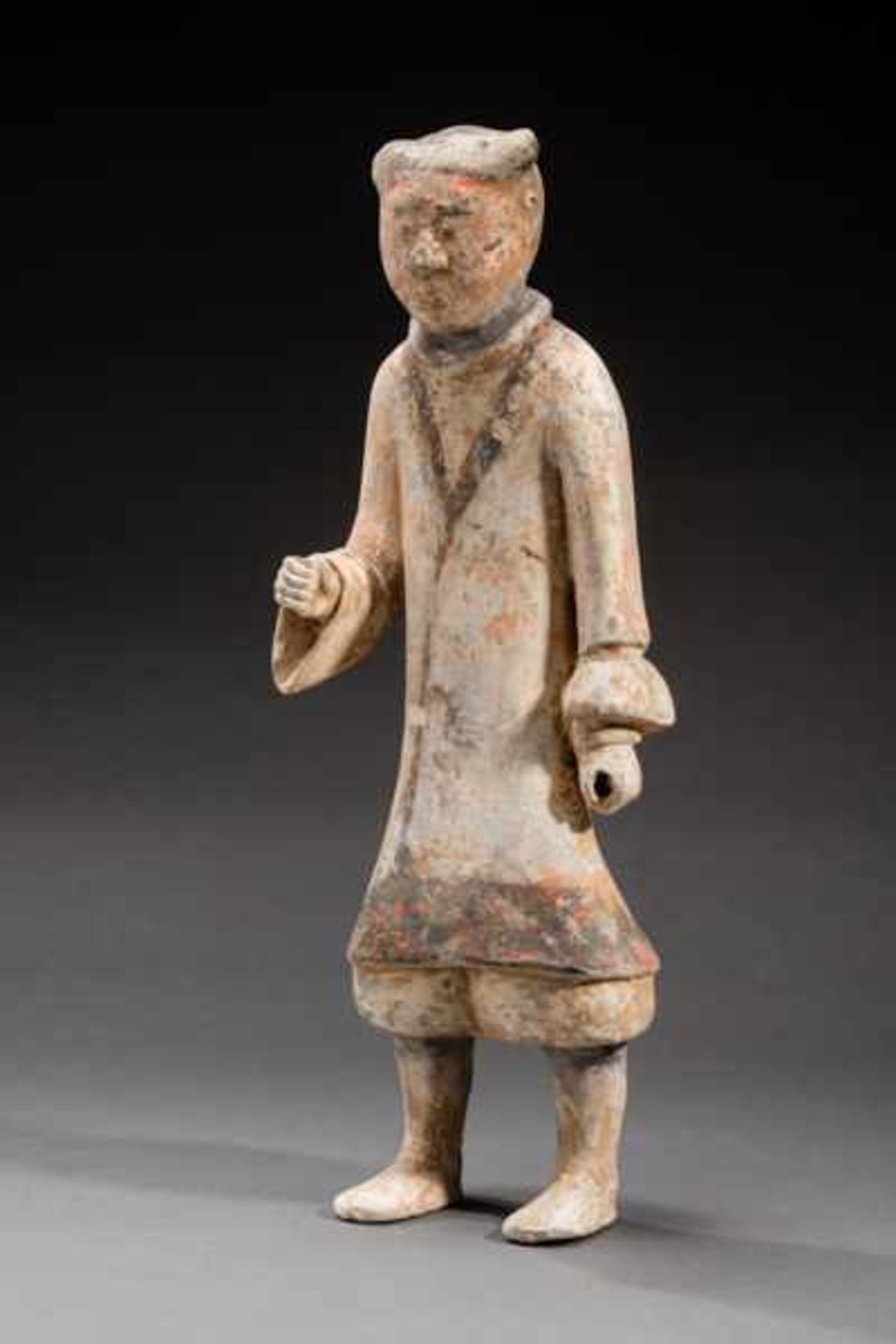 COURTLY FIGURINE Terracotta with remnants of original painting. China, Han dynasty, 2nd cent. BCE陶仆A - Image 2 of 7