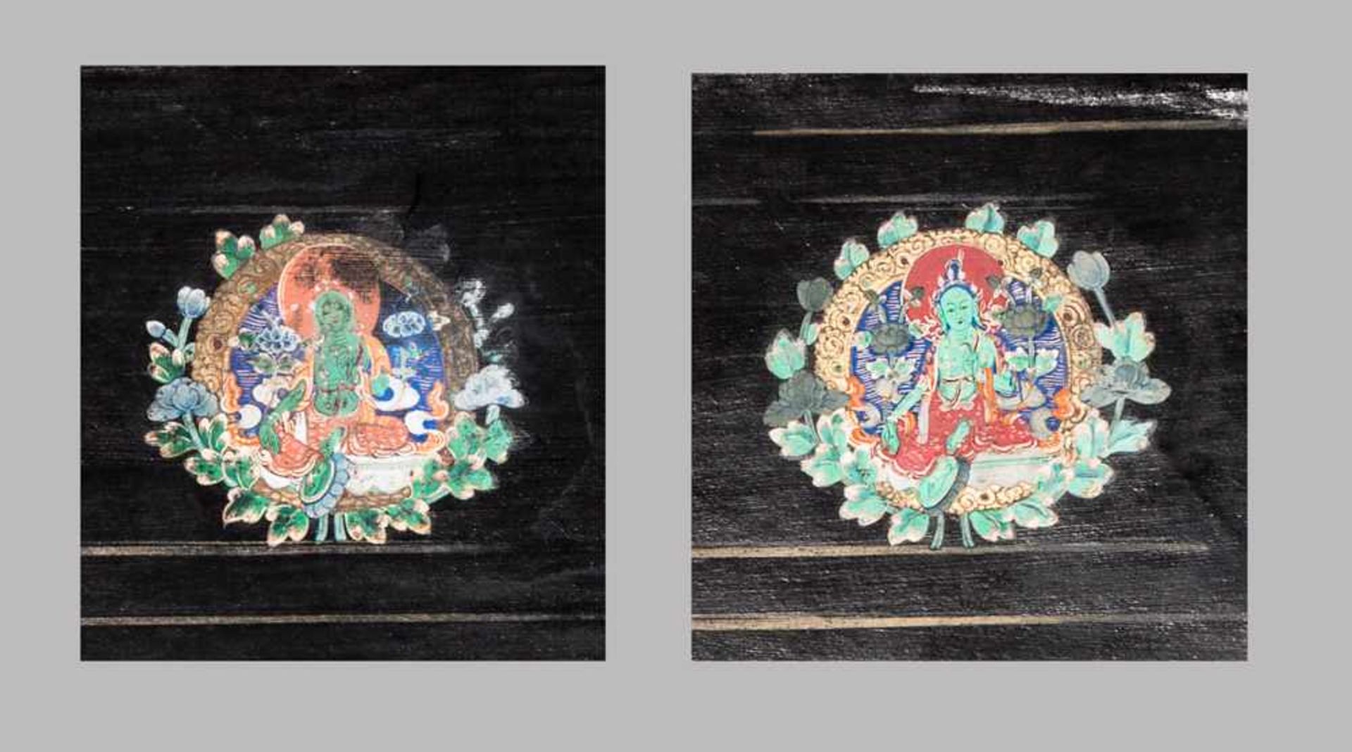 TWO TSAKALI Painting on black lacquer background. Tibet, 19th - early 20th cent.兩張薩卡裏ATHE GODDESS