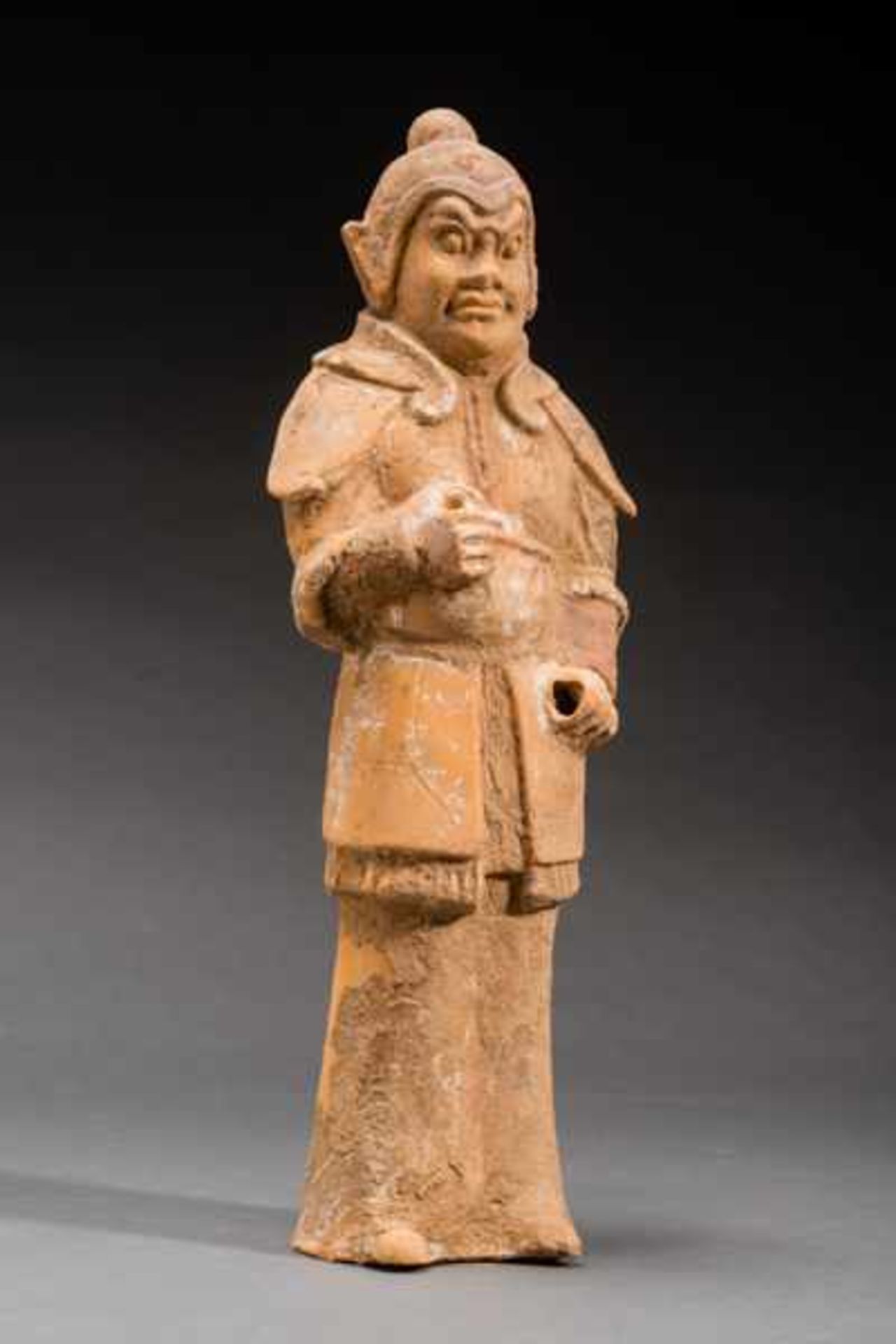 STANDING TOMB GUARDIAN (ZHENMUSHEN) Terracotta with remnants of original painting. China, Sui