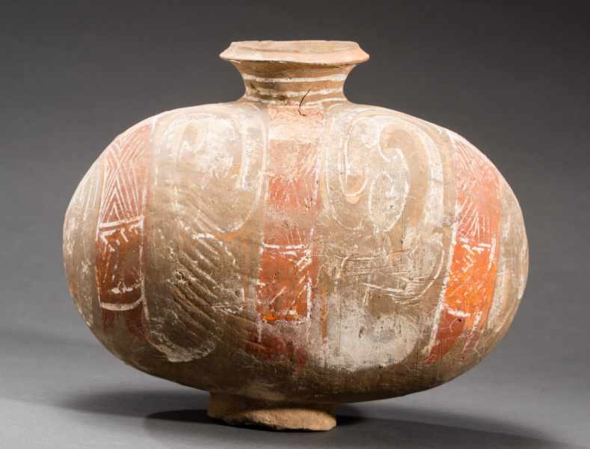 COCOON JAR WITH ORIGINAL PAINTING Terracotta with original painting. China, WesternHan-Dynasty (