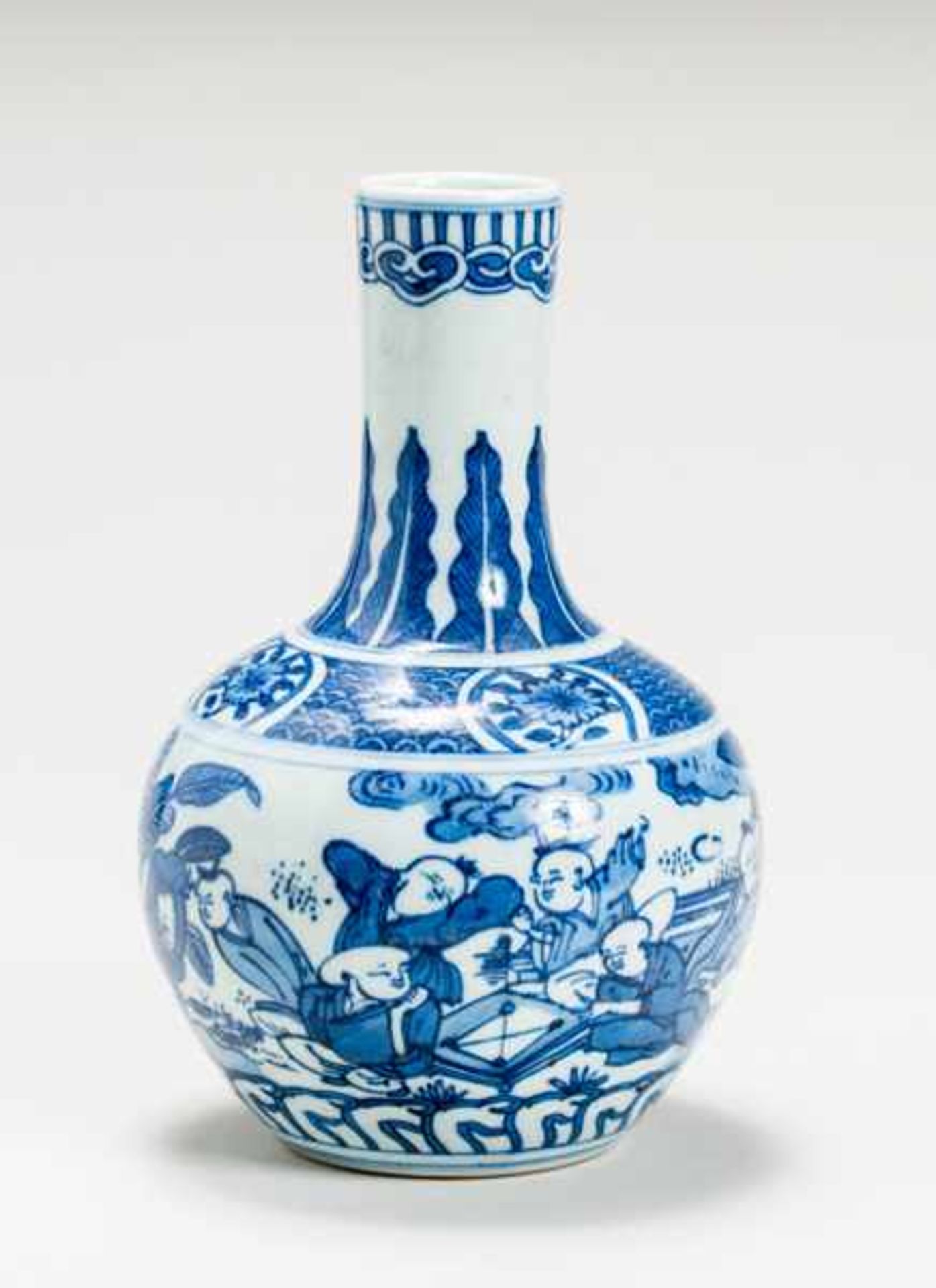 VASE WITH PLAYING BOYS Porcelain with blue underglaze. China, 嬰戯瓶Very furiously painted, three-