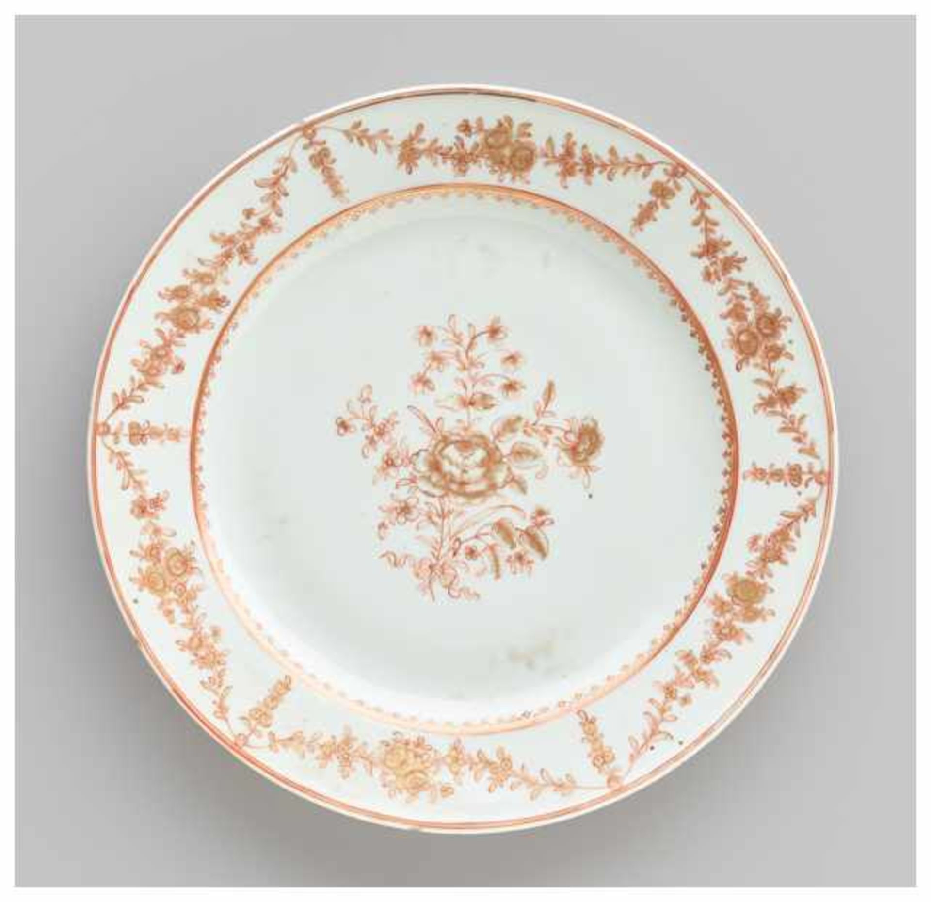 A 'PEONY' EXPORT PORCELAIN PLATE The front painted in gold and iron red on a transparent glaze,