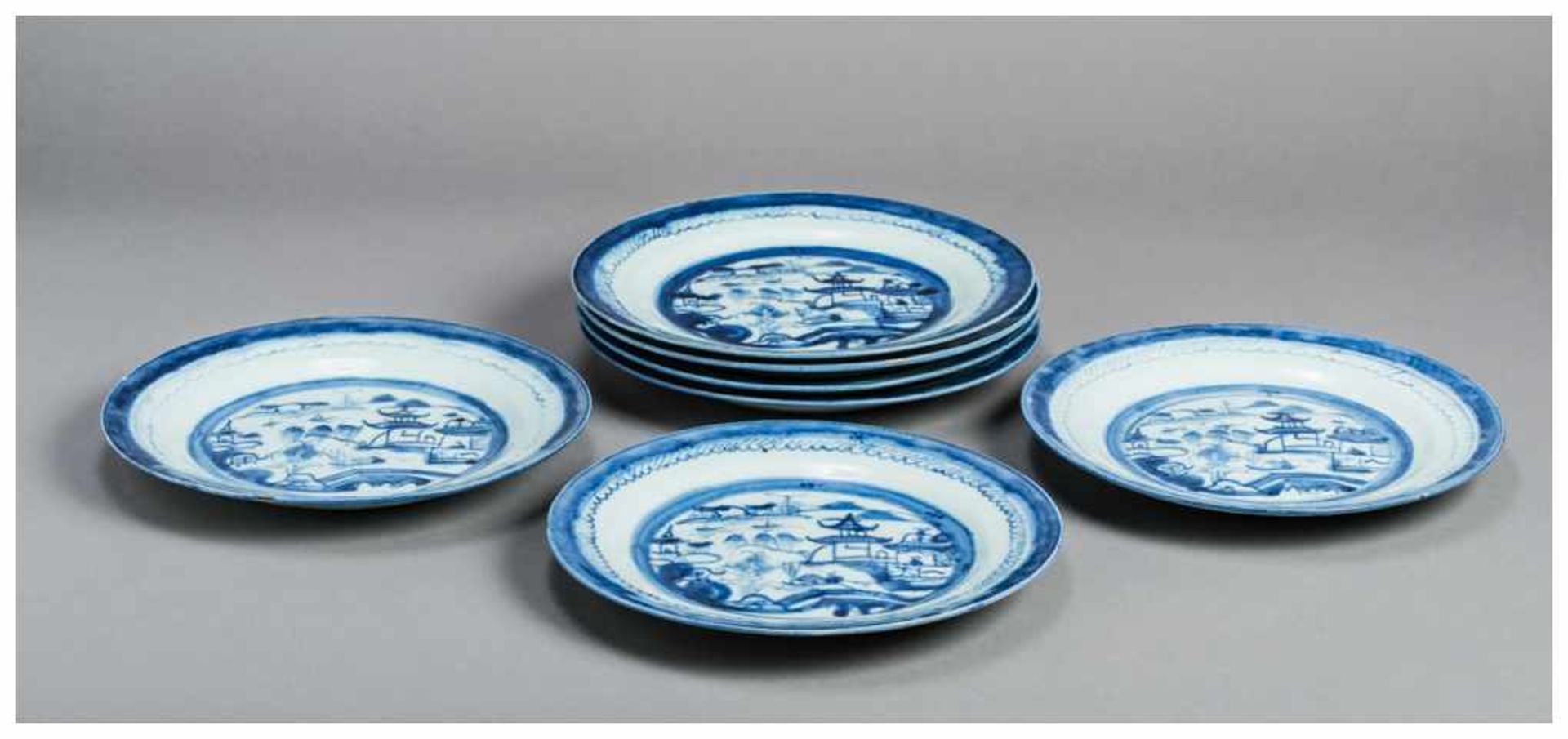 SEVEN BLUE AND WHITE CANTON PLATES Blue and white porcelain. China, Qing dynasty, 19th centuryA - Image 2 of 3