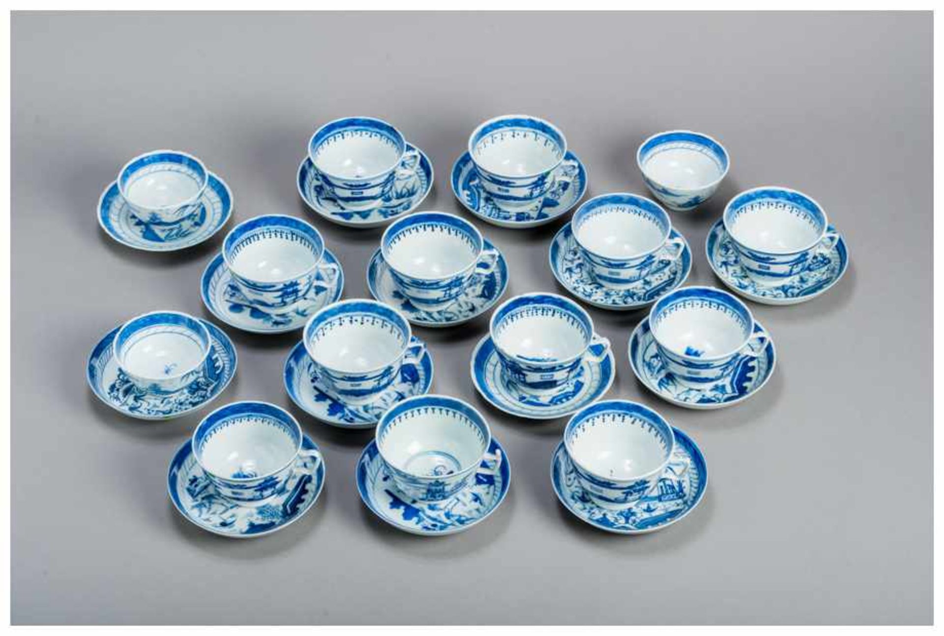 A SET OF 15 BLUE AND WHITE CANTON TEACUPS AND 14 COASTERS Blue and white porcelain. China, Qing - Image 2 of 3