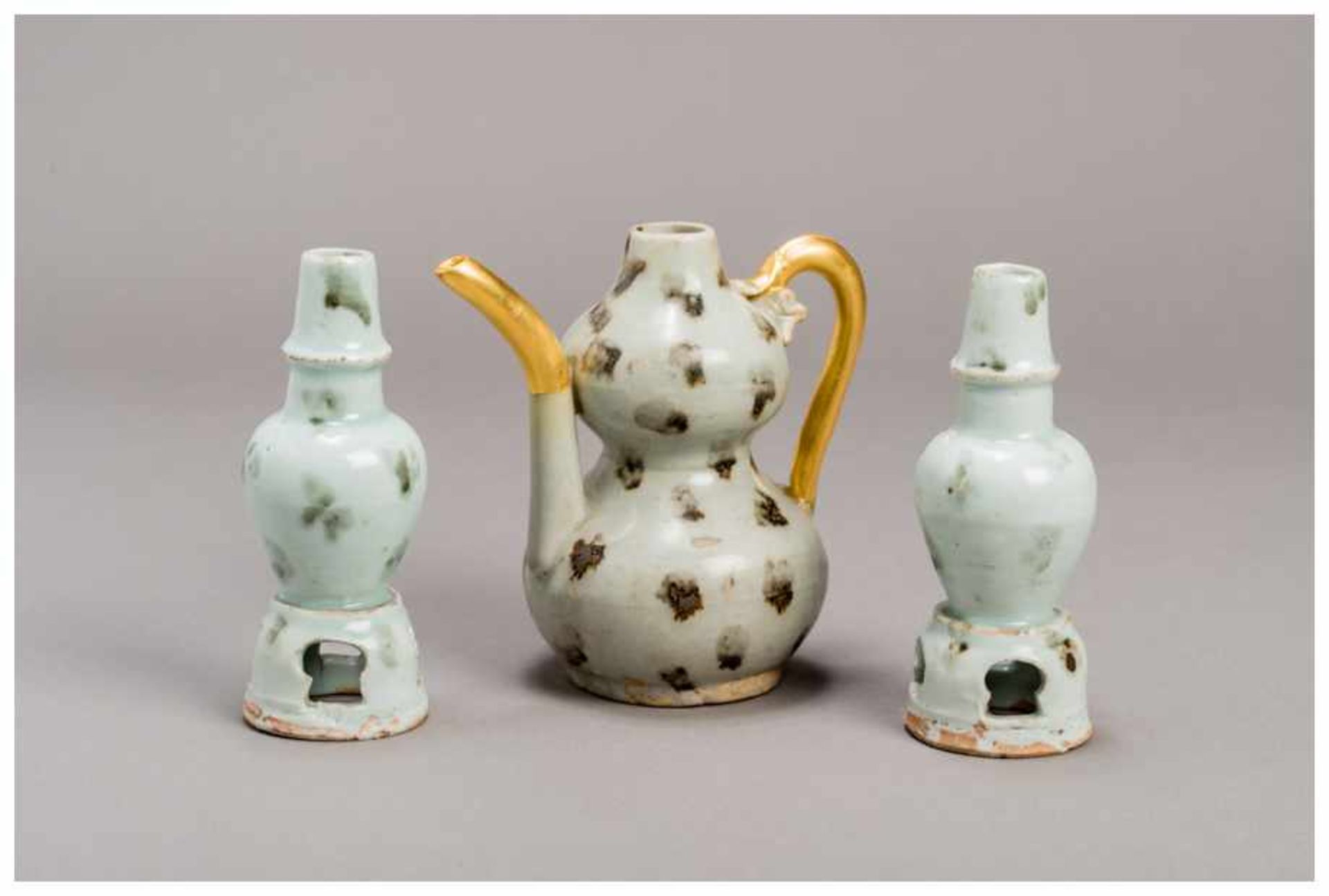 A CHINESE DOUBLE GOURD POT AND TWO ALTAR VASES Glazed ceramic. China, Song to Yuan-dynastyThe 'altar