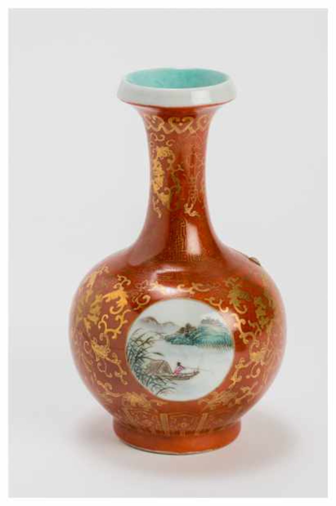 A PORCELAIN VASE PAINTED IN IROD RED AND GOLD Porcelain. China, Republic periodOf globular form with