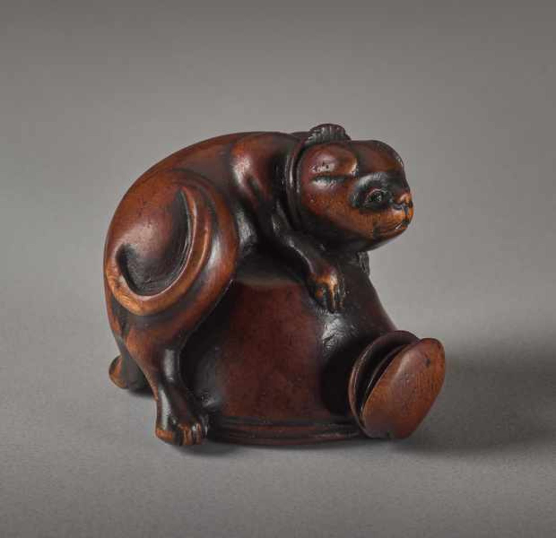 A WOOD NETSUKE OF A DOG AND OCTOPUS Wood netsuke. Japan, 19th centuryThe dog is placed on an - Image 2 of 4