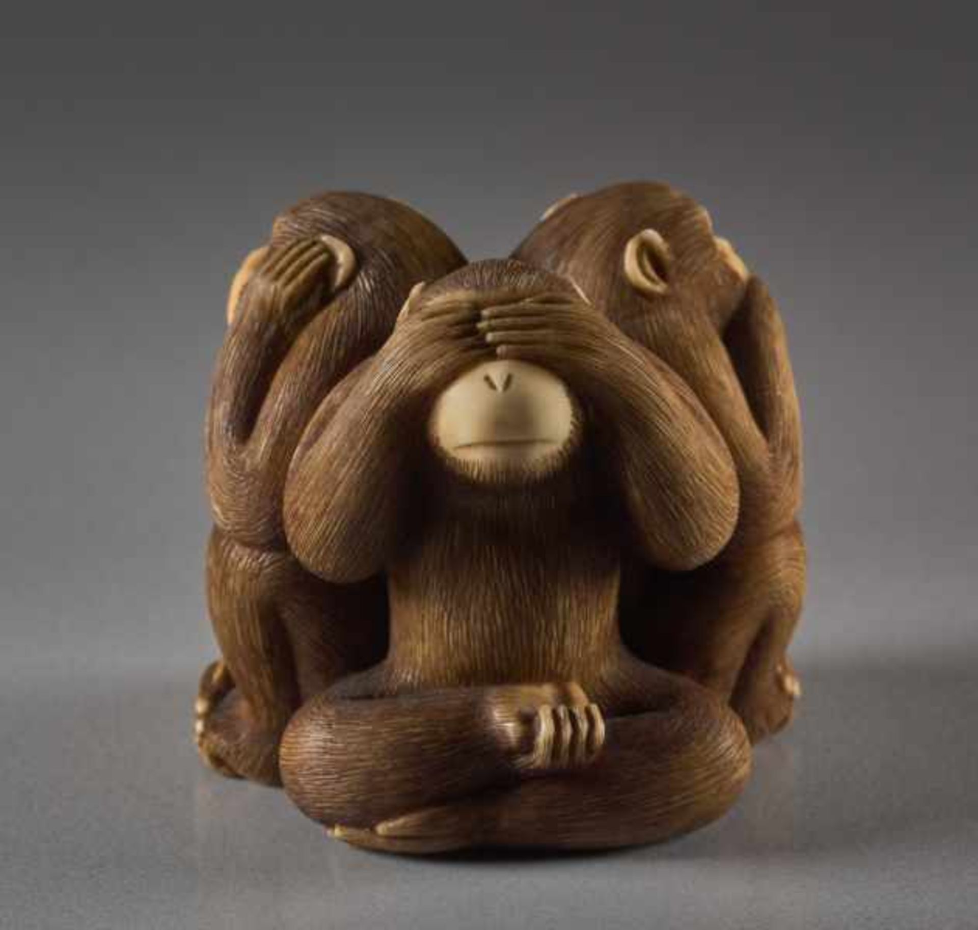 AN IVORY NETSUKE OF THE THREE WISE MONKEYS BY IKKOSAI Ivory netsuke. Japan, Meiji periodThe three - Image 2 of 5