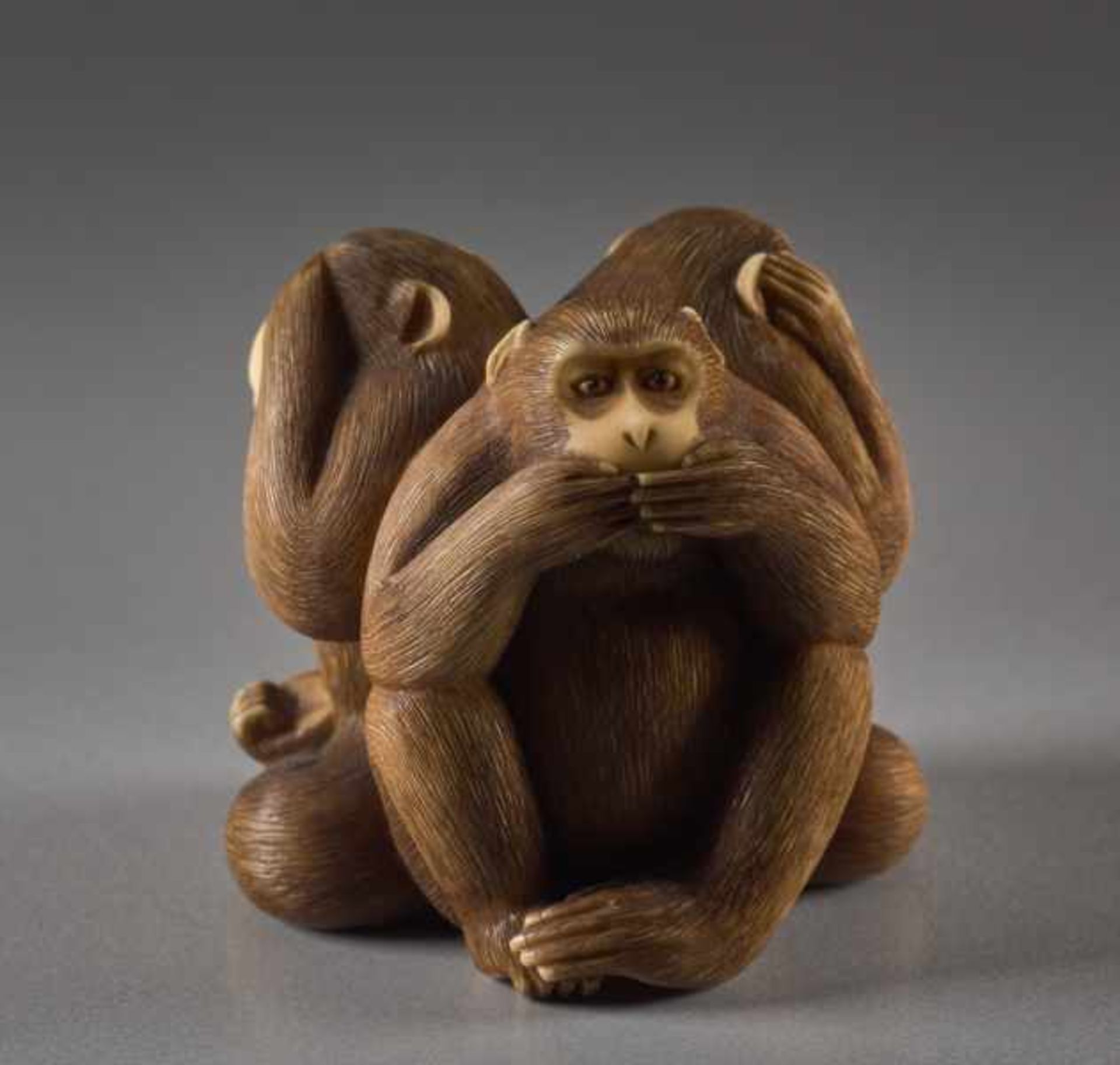 AN IVORY NETSUKE OF THE THREE WISE MONKEYS BY IKKOSAI Ivory netsuke. Japan, Meiji periodThe three - Image 3 of 5