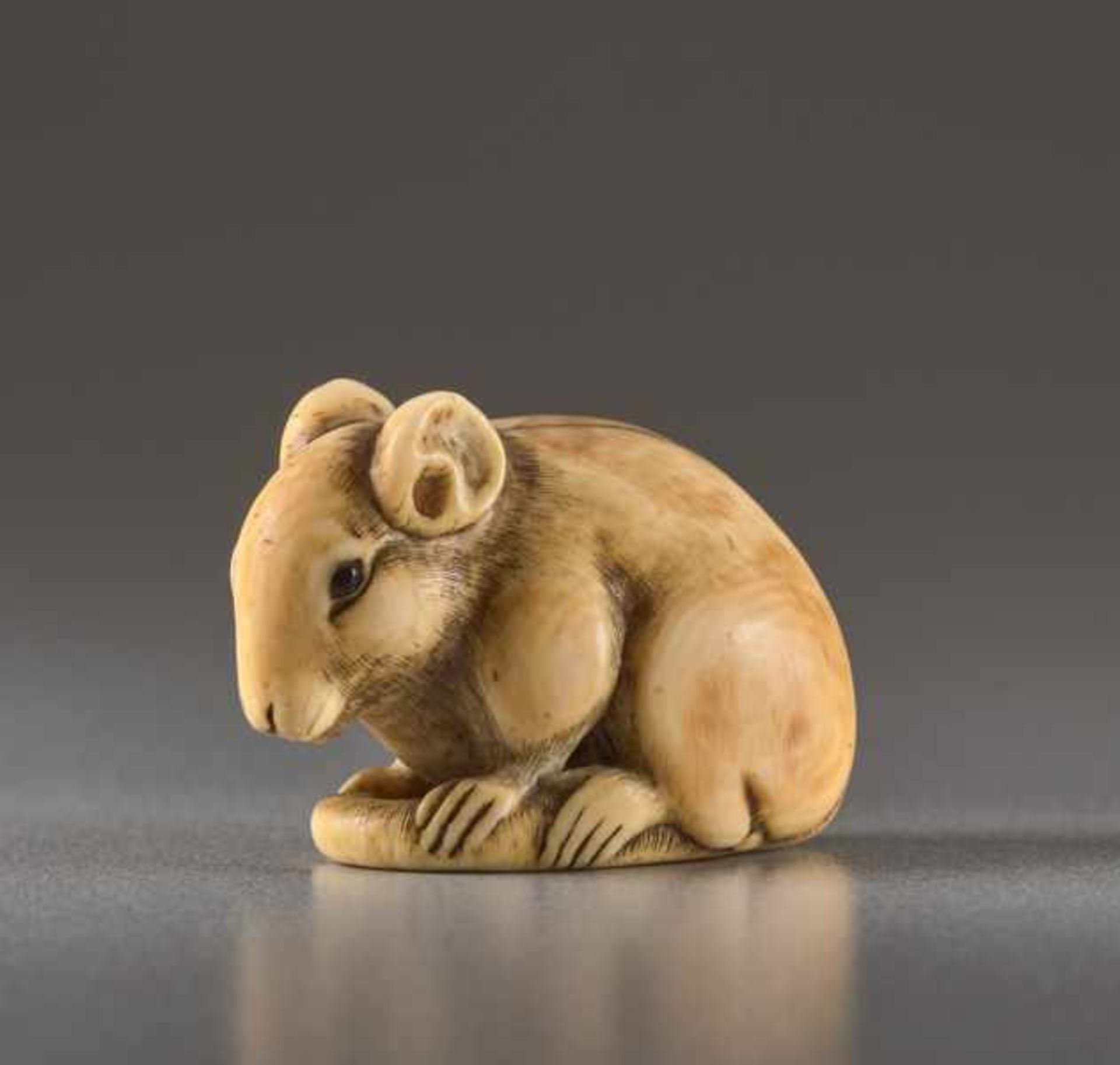 AN IVORY NETSUKE BY IKKO OF A SEATED RAT Ivory netsuke. Japan, 19th centuryA very good work, with