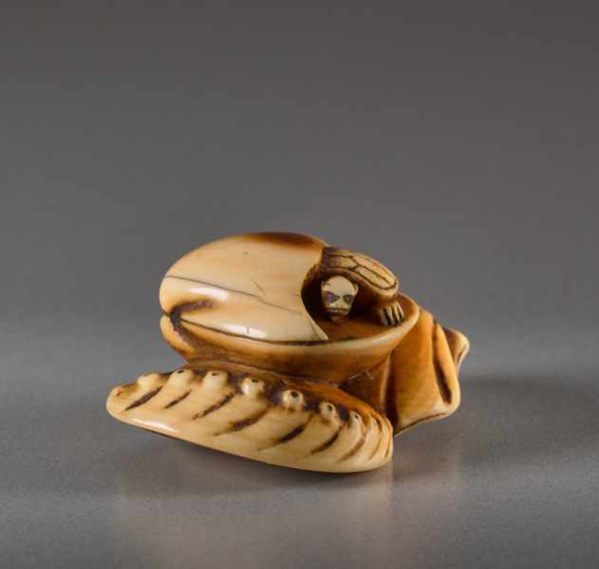 AN IVORY NETSUKE OF CLAMS AND MINOGAME Ivory netsuke. Japan, early 19th centuryA very finely crafted - Image 2 of 5