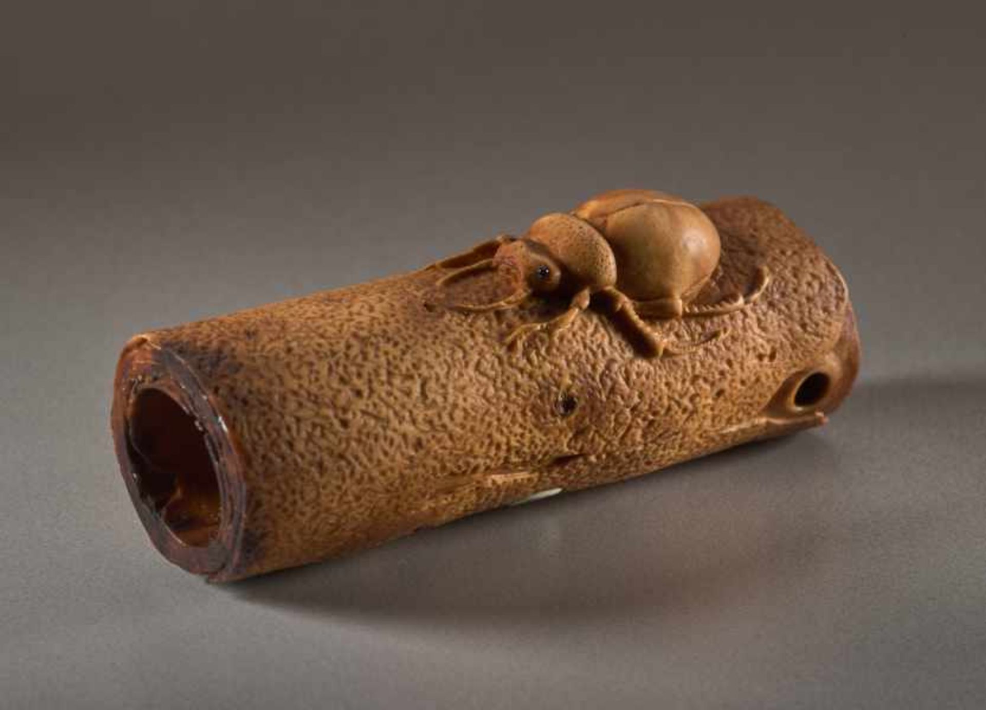 A BOXWOOD NETSUKE BY DERKACHENKO OF A BEETLE ON A TREE TRUNK Boxwood netsuke. Japan, A naturalistic,