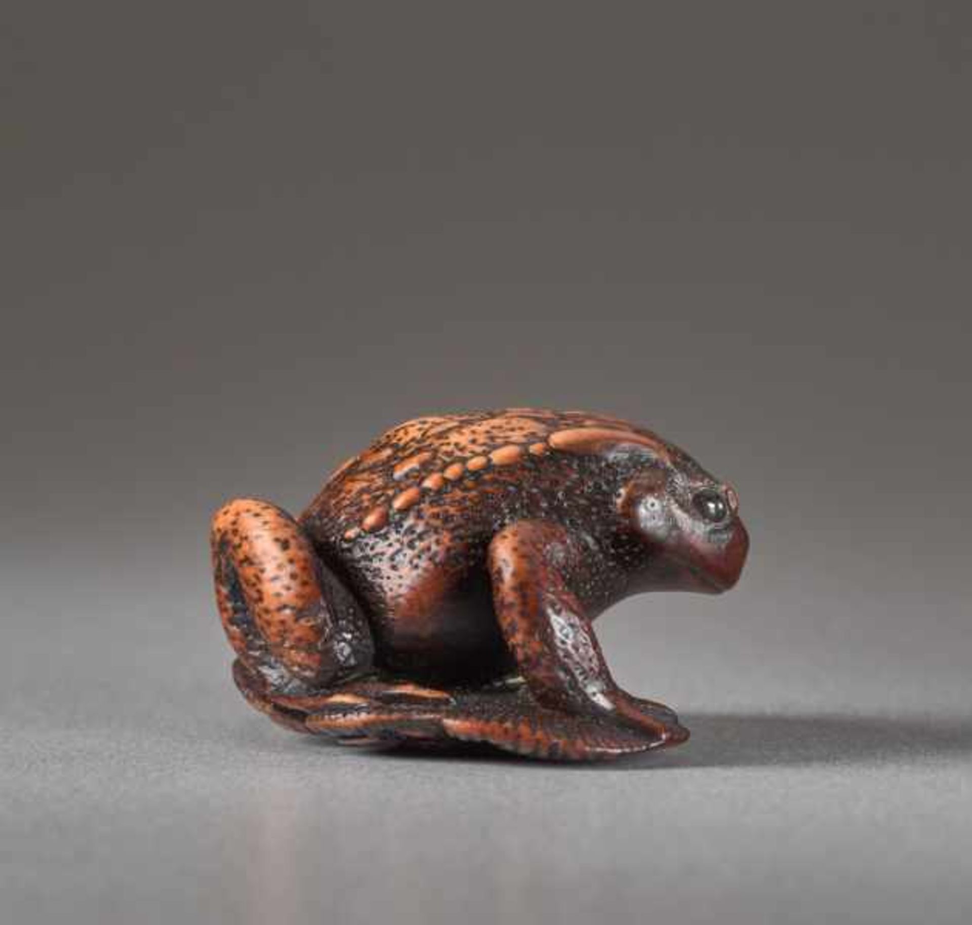 A WOOD NETSUK E BY TANRI OF A TOAD ON A SANDAL Wood netsuke. Japan, 19th centuryThis very finely - Image 3 of 5