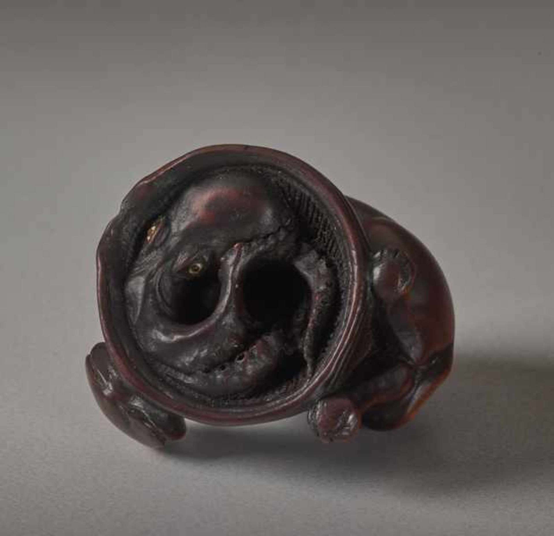 A WOOD NETSUKE OF A DOG AND OCTOPUS Wood netsuke. Japan, 19th centuryThe dog is placed on an - Image 4 of 4