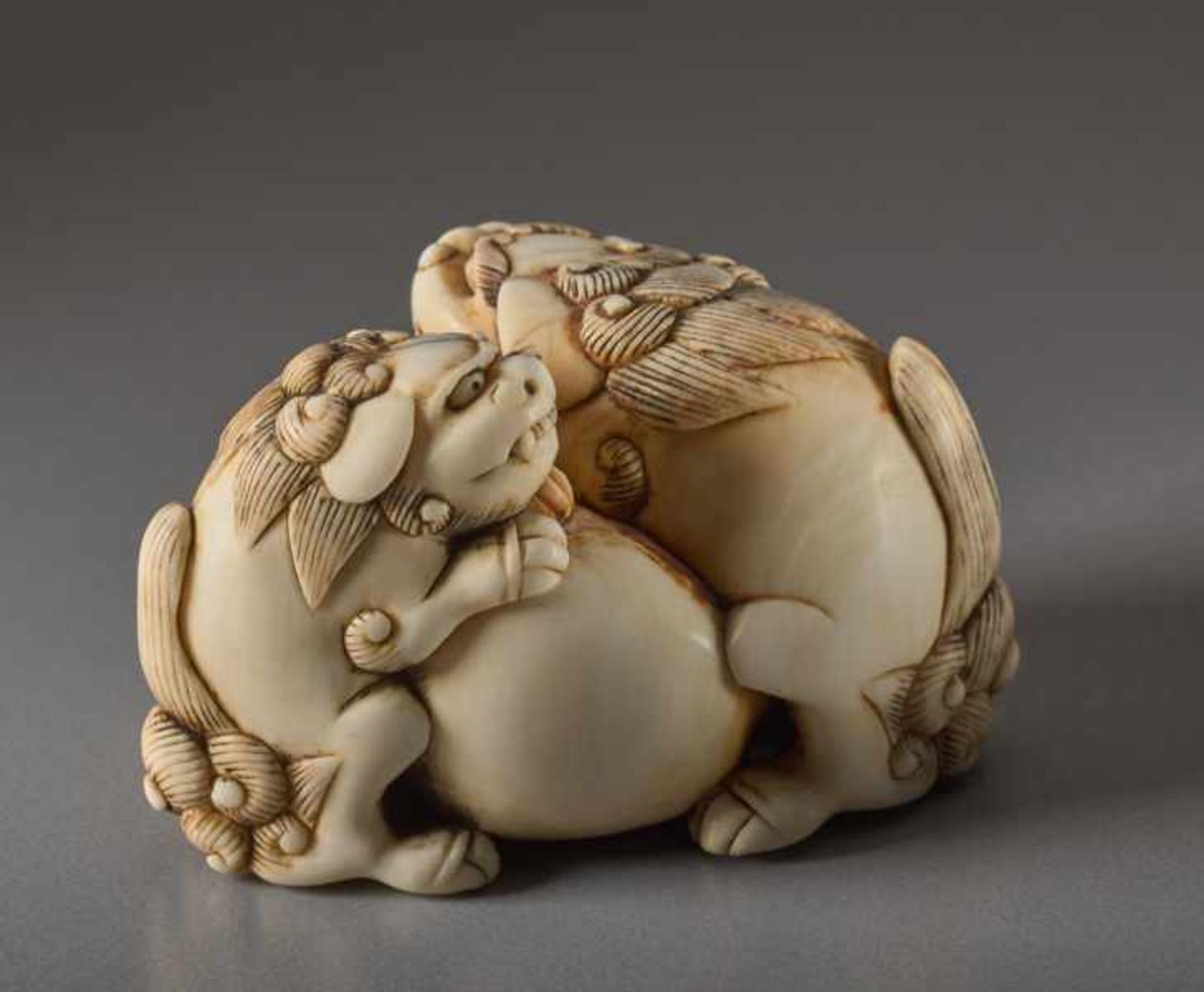 AN IVORY NETSUKE OF TWO SHISHI AND BALL Ivory netsuke. Japan, 18th centuryThe lion dog has a movable - Image 5 of 6