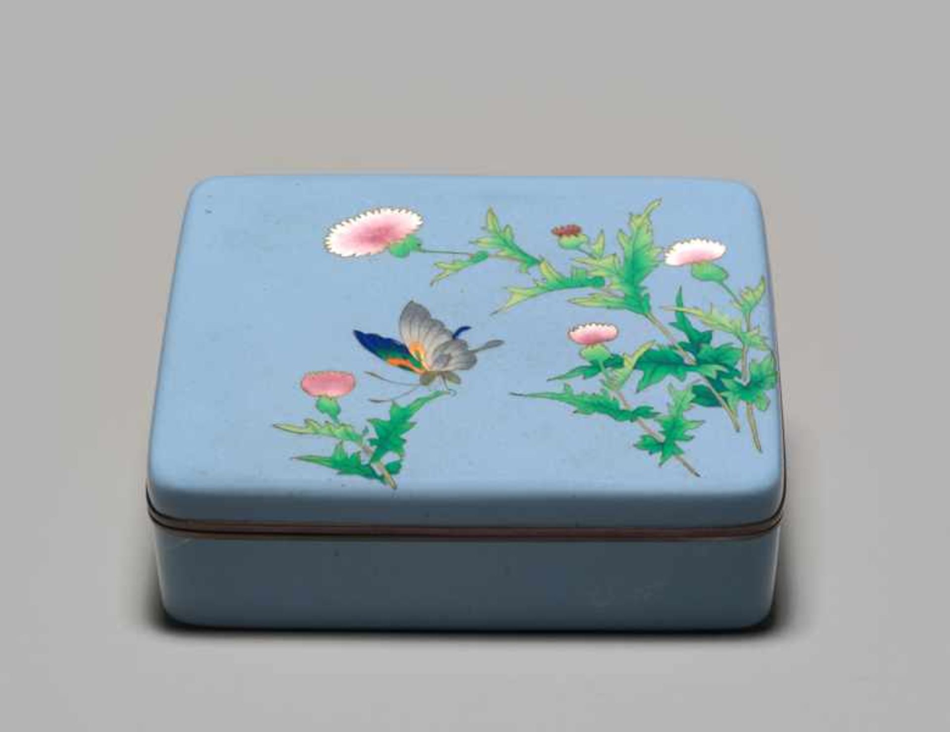 A CLOISONNÉ BOX AND COVER WITH BLOSSOMS AND BUTTERFLY BY THE ANDO JUBEI COMPANY Colored enamel