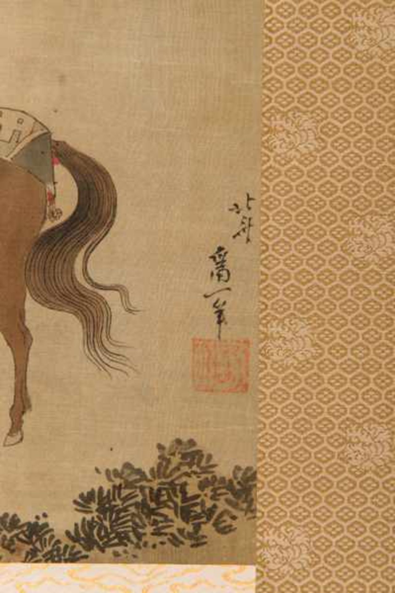 A TATEMONO IN THE STYLE OF HOKUSAI OF BIJIN ON HORSEBACK Tatemono painting with colors on silk. - Image 3 of 3