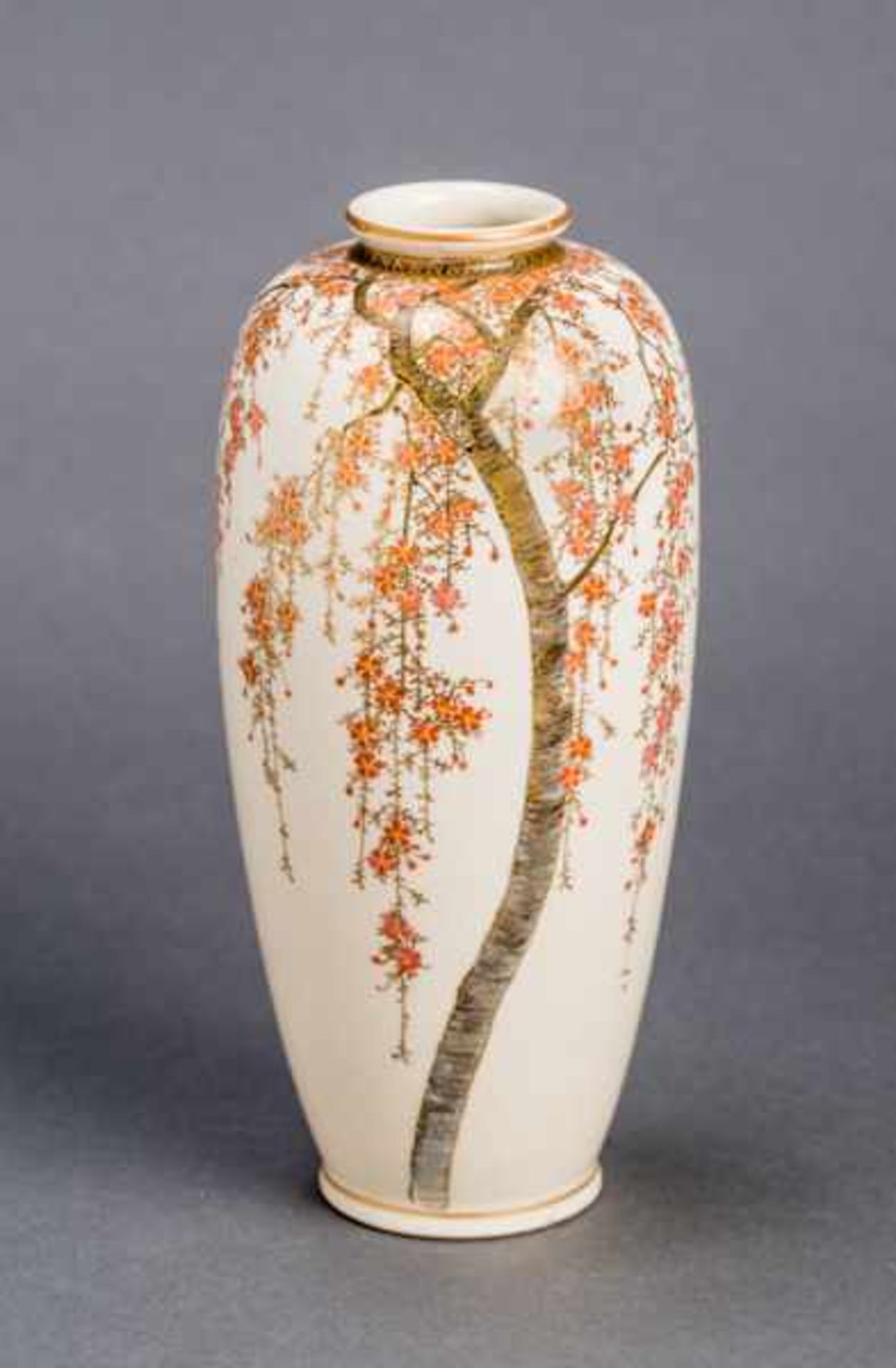 SENRITSU (?): SATSUMA VASE WITH BLOSSOMING FIELD Glazed ceramic with paint and gold. Japan, Meiji