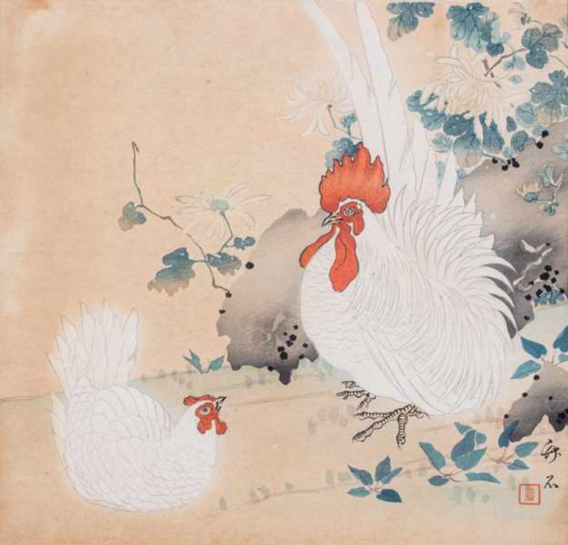 NAGAMACHI CHIKUSEKI 長町竹石 (1747 - 1806) Original woodblock print. Japan, Rooster and hen Kachô-e.