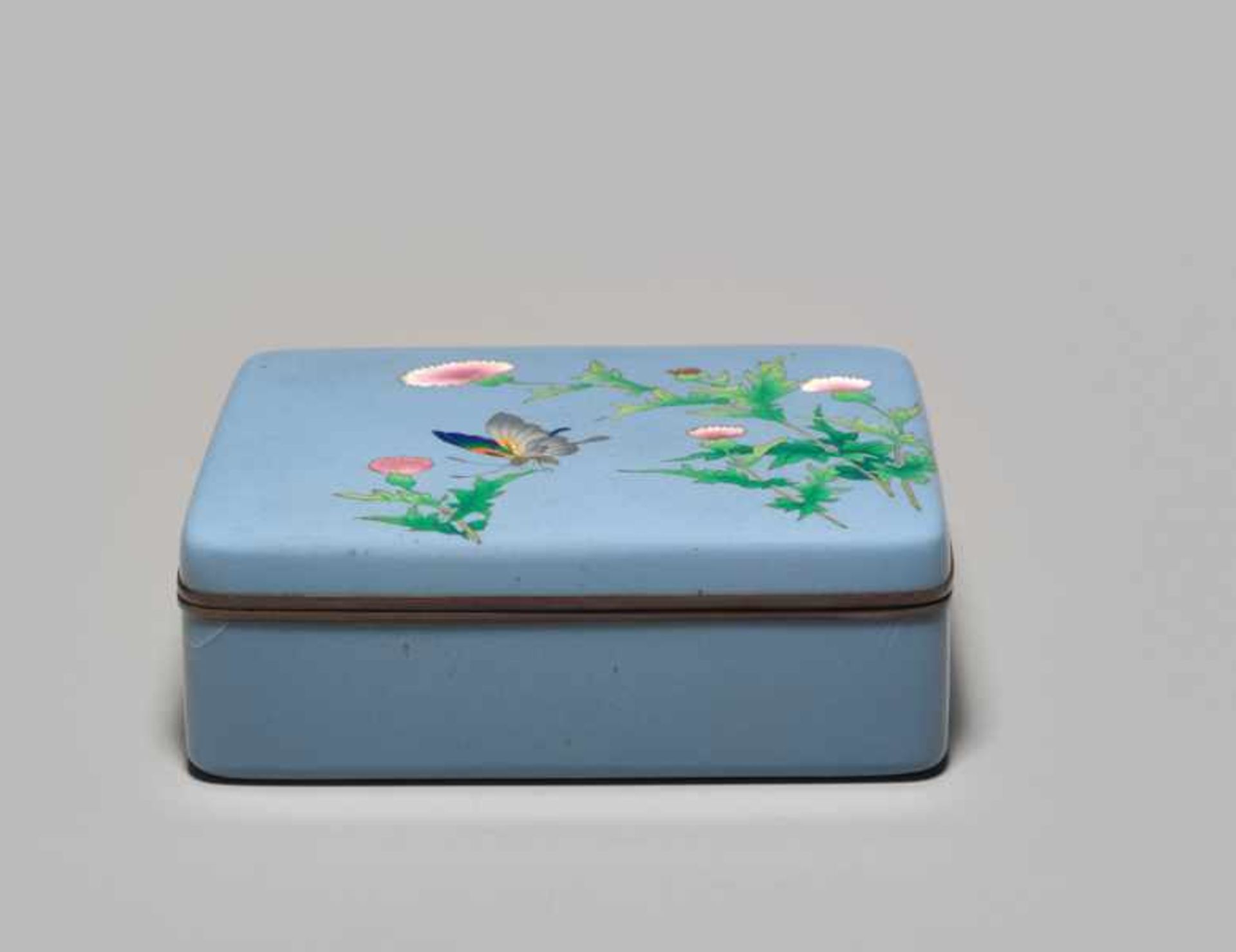 A CLOISONNÉ BOX AND COVER WITH BLOSSOMS AND BUTTERFLY BY THE ANDO JUBEI COMPANY Colored enamel - Image 7 of 9