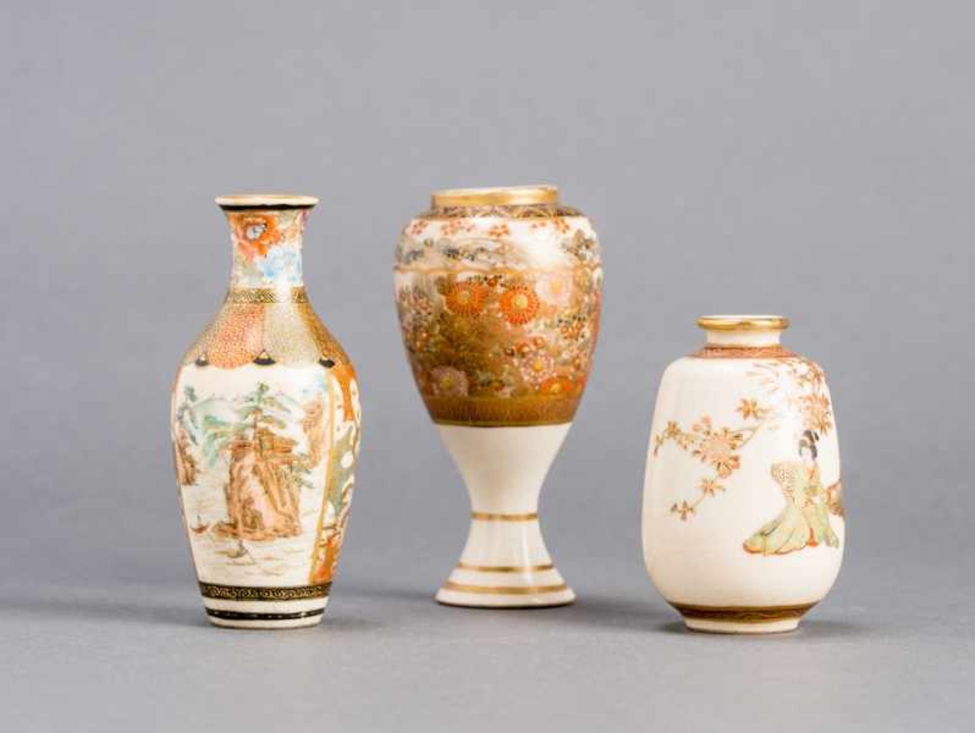 THREE SATSUMA VASES Glazed ceramic with paint and gold. Japan, Meiji periodThe first small vase - Image 2 of 4