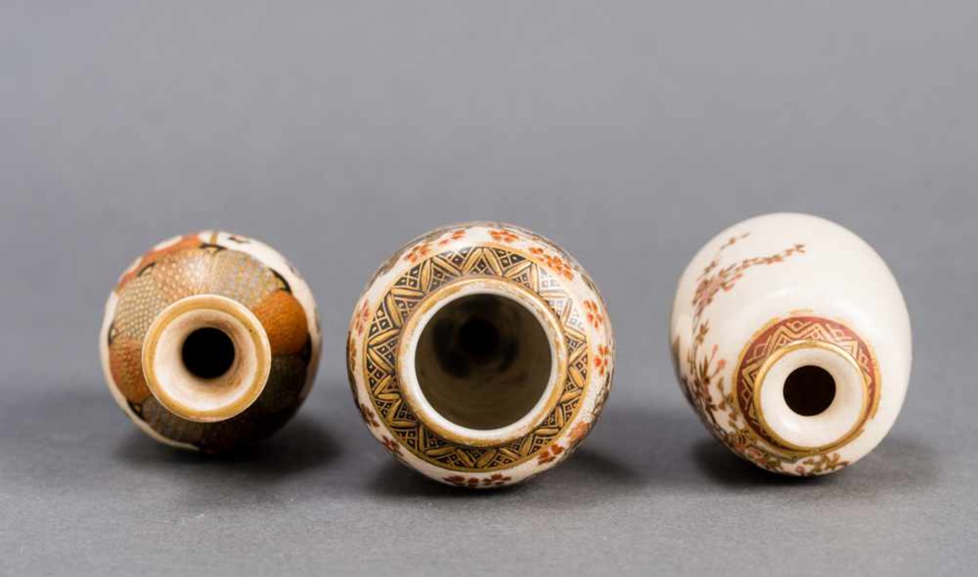 THREE SATSUMA VASES Glazed ceramic with paint and gold. Japan, Meiji periodThe first small vase - Image 4 of 4