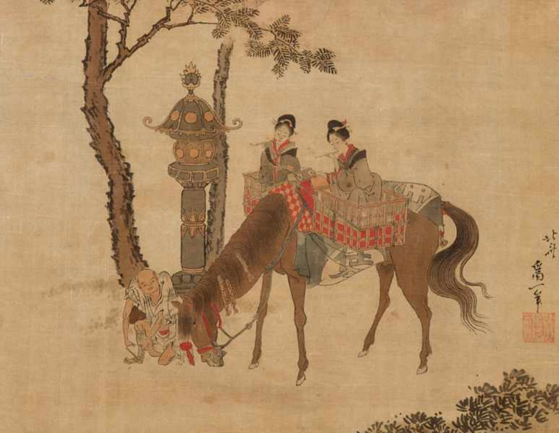 A TATEMONO IN THE STYLE OF HOKUSAI OF BIJIN ON HORSEBACK Tatemono painting with colors on silk.