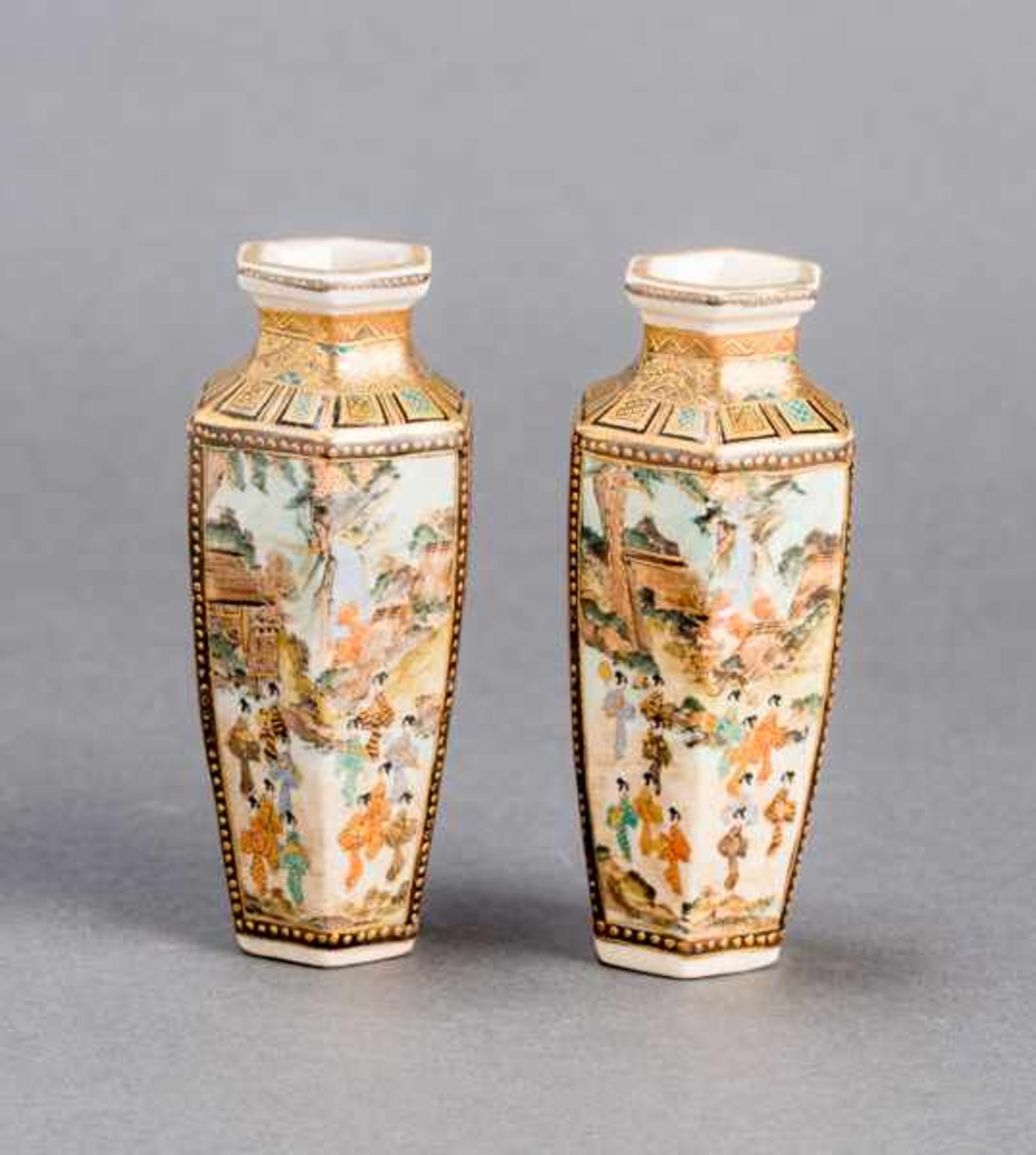 HODODA: PAIR OF SMALL HEXAGONAL SATSUMA VASES Glazed ceramic with paint and gold. Japan, Meiji - Image 3 of 6
