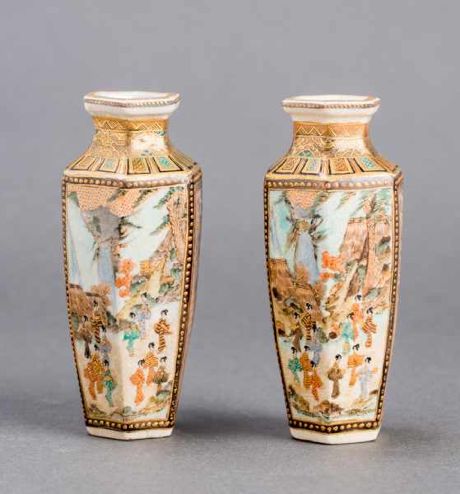 HODODA: PAIR OF SMALL HEXAGONAL SATSUMA VASES Glazed ceramic with paint and gold. Japan, Meiji - Image 2 of 6