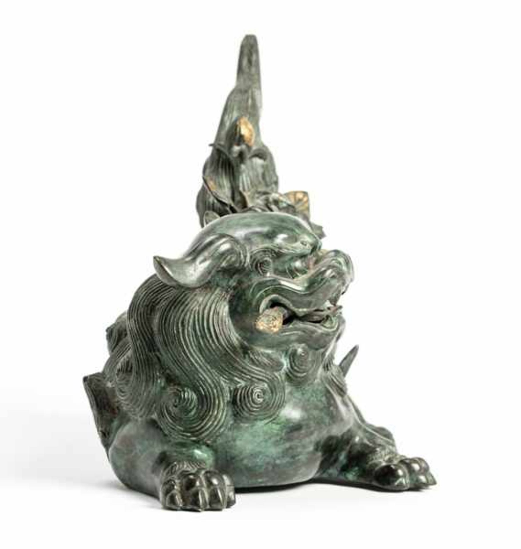 A BRONZE SHISHI Bronze with gilding. Japan, 19th centuryOf beautiful greenish patina, the former - Image 3 of 9