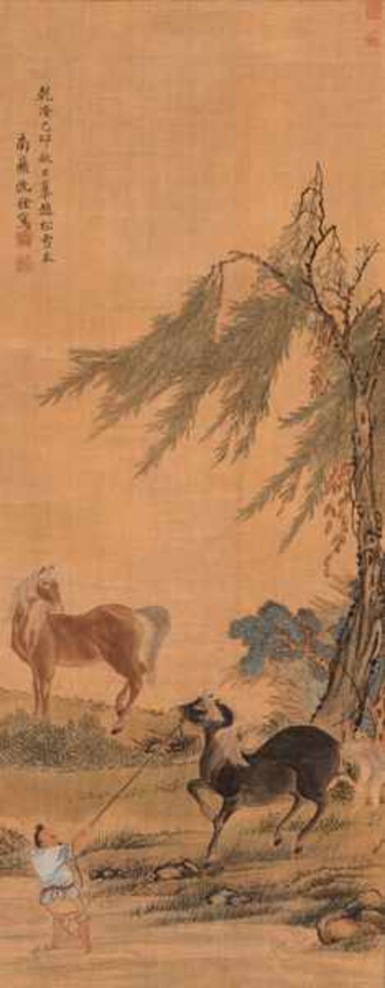 A KAKEMONO OF HORSES AND SERVANT UNDER A WILLOW Kakemono painting with colors on silk. Japan, 18th