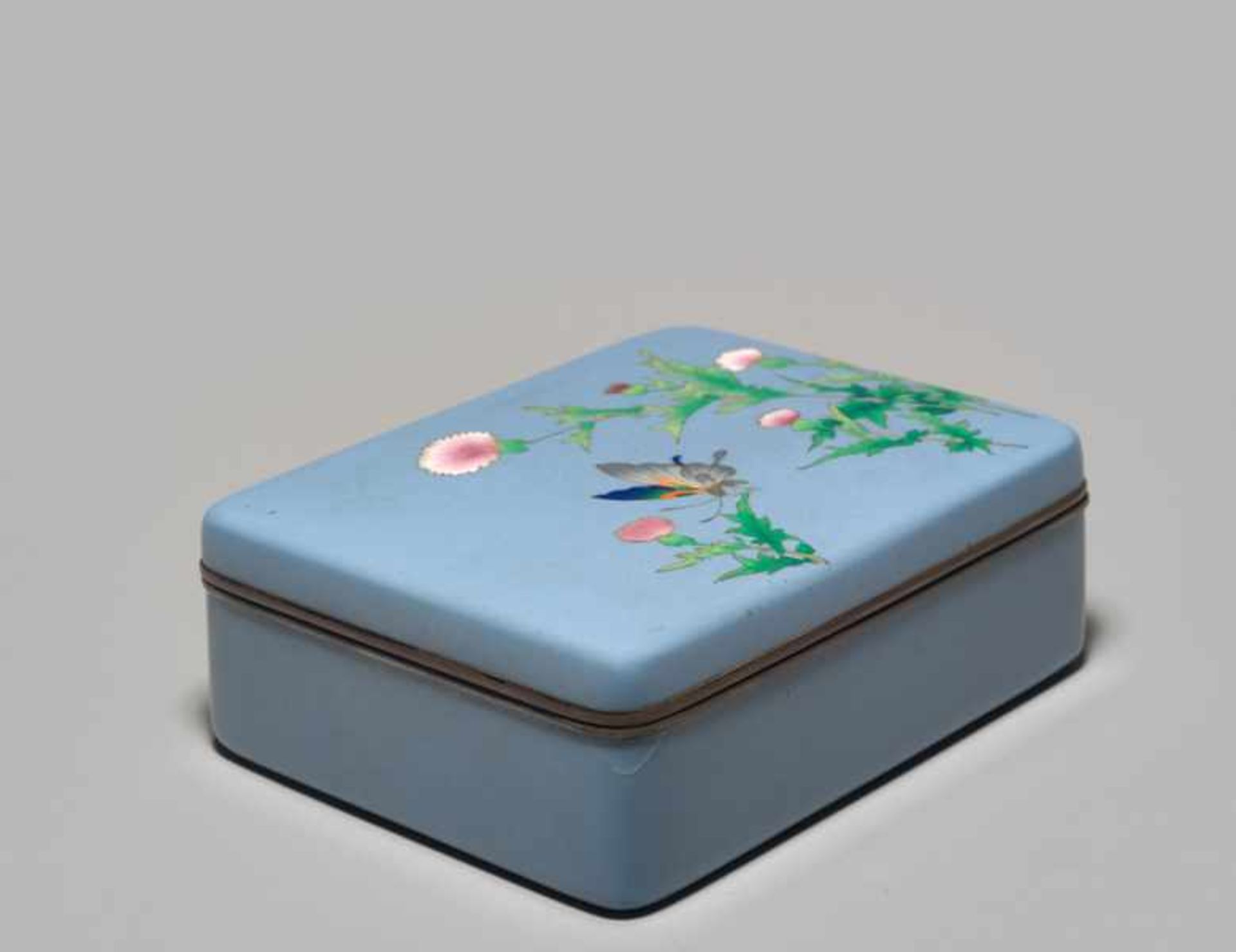 A CLOISONNÉ BOX AND COVER WITH BLOSSOMS AND BUTTERFLY BY THE ANDO JUBEI COMPANY Colored enamel - Image 5 of 9