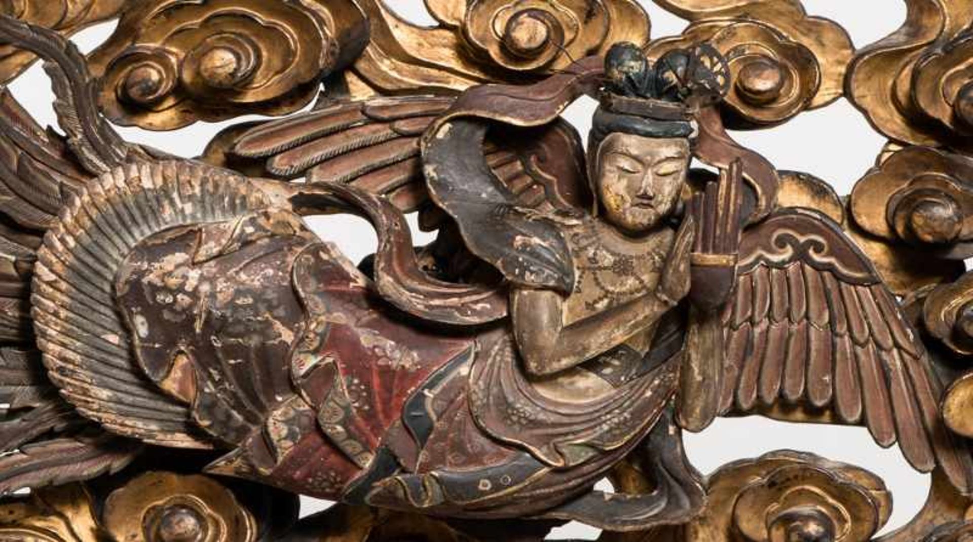 A VERY LARGE AND ELABORATE LACQUERED WOOD PANEL WITH TENNIN (BUDDHIST ANGEL) Wood, brass and - Image 2 of 2