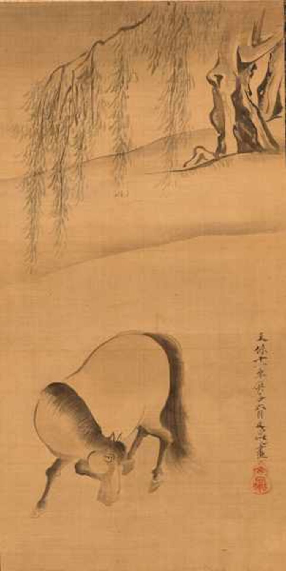A TATEMONO BY TANI BUNCHO (1763- 1840) OF A HORSE UNDER A WILLOW Tatemono painting with ink and